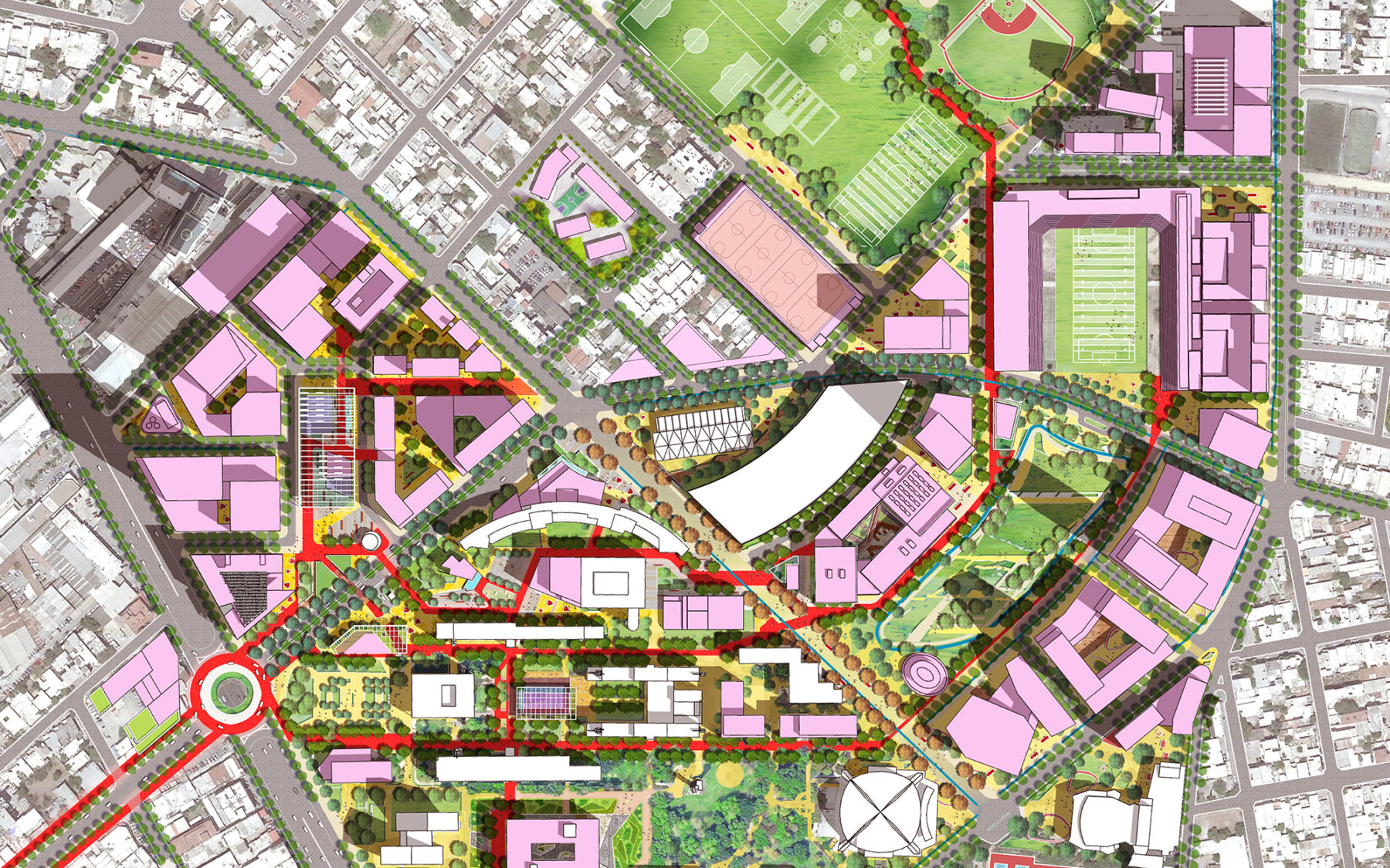 overhead graphic of mixed use sports hub