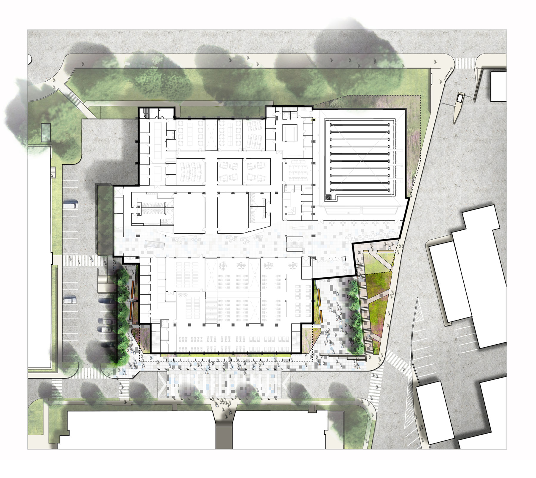 Ground plan with first floor plan of the building