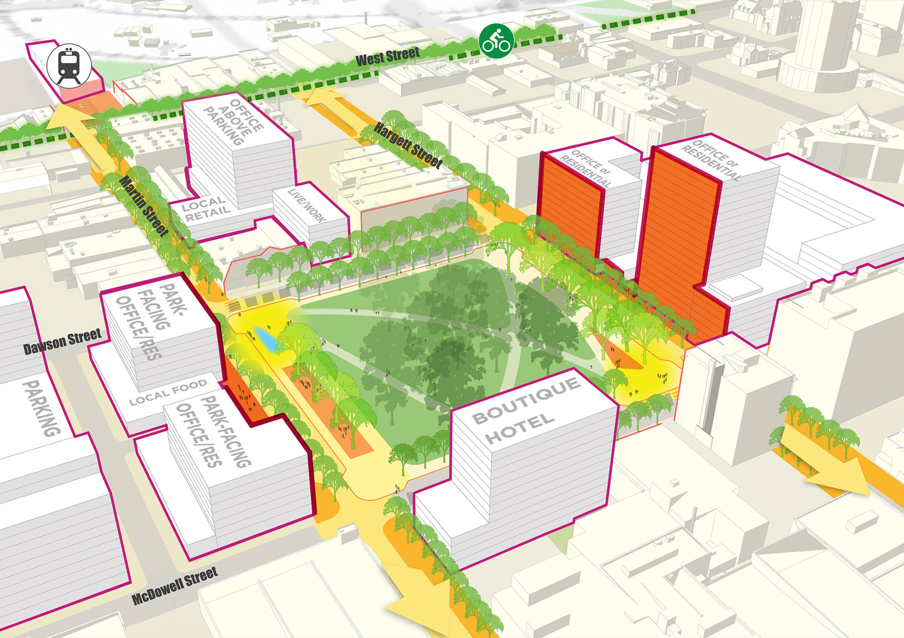 Site plan of downtown Raleigh with park in the middle surrounded by buildings