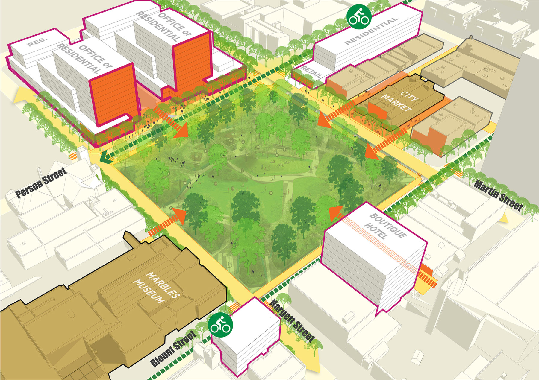 Site plan of downtown Raleigh with park in the middle surrounded by buildings