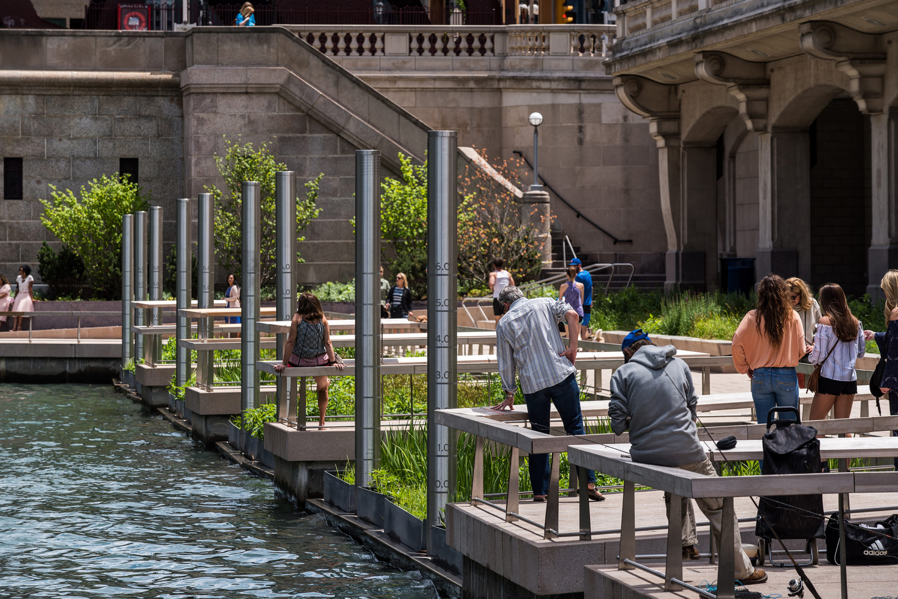 People looking at the river from the Riverwalk