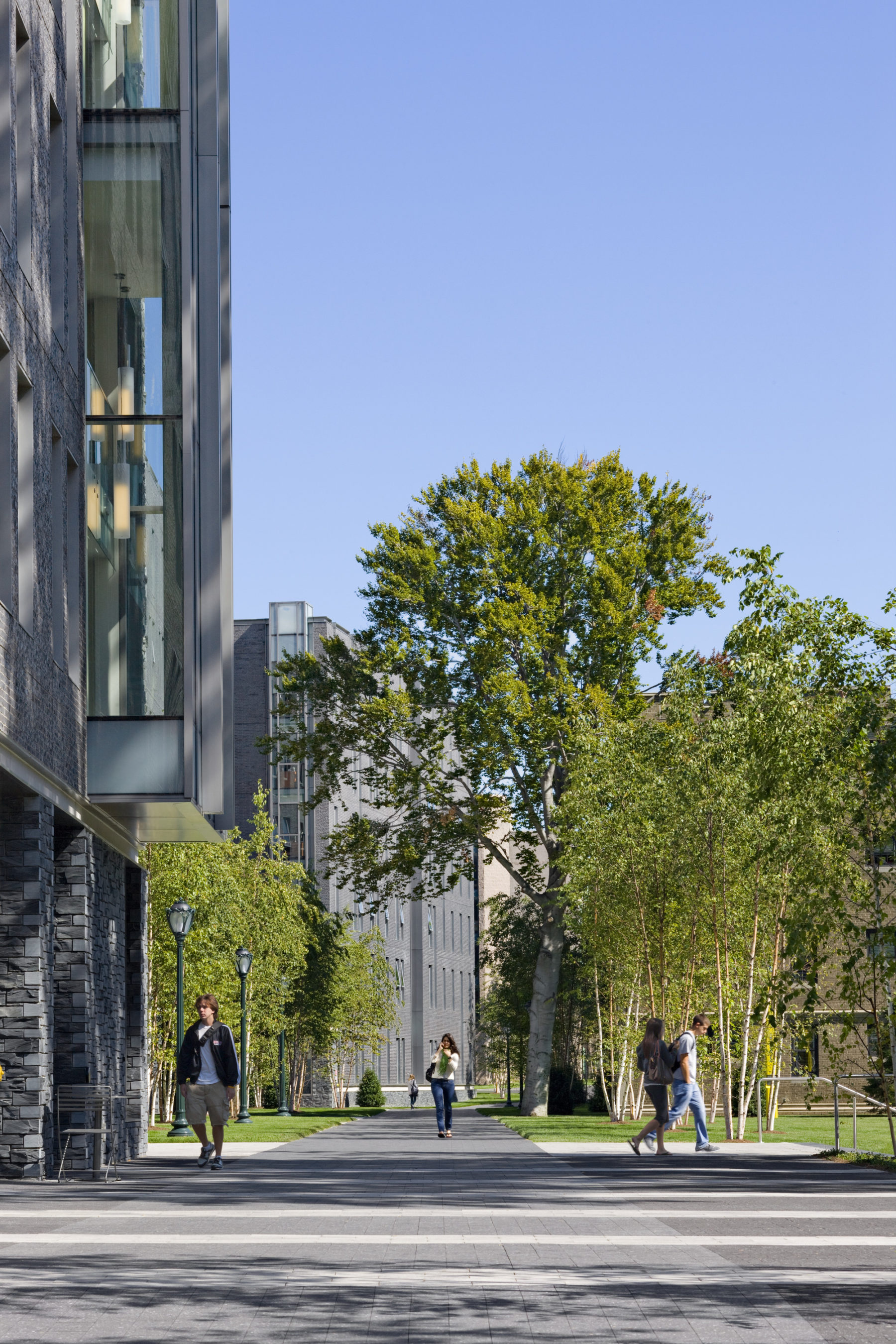 students walking down path in front of building