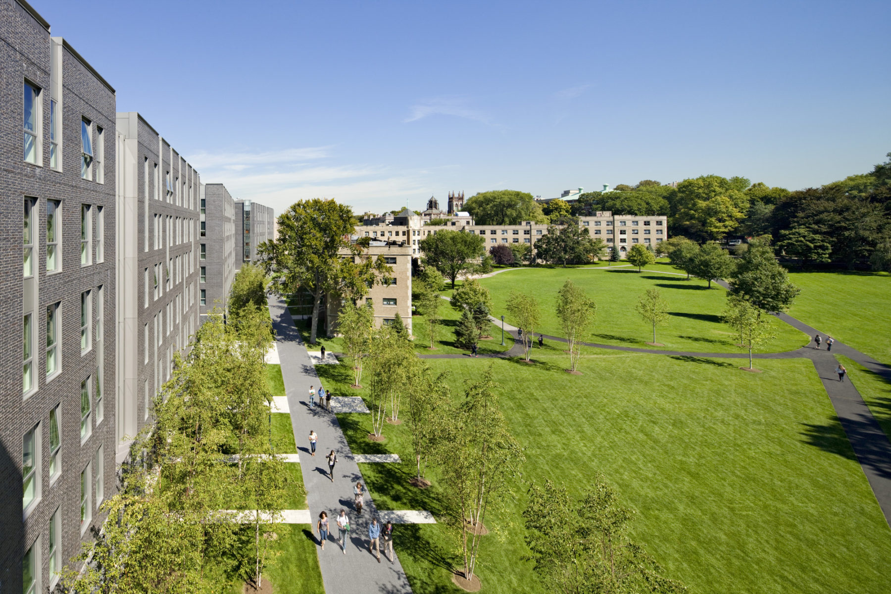 aerial view of green in front of building