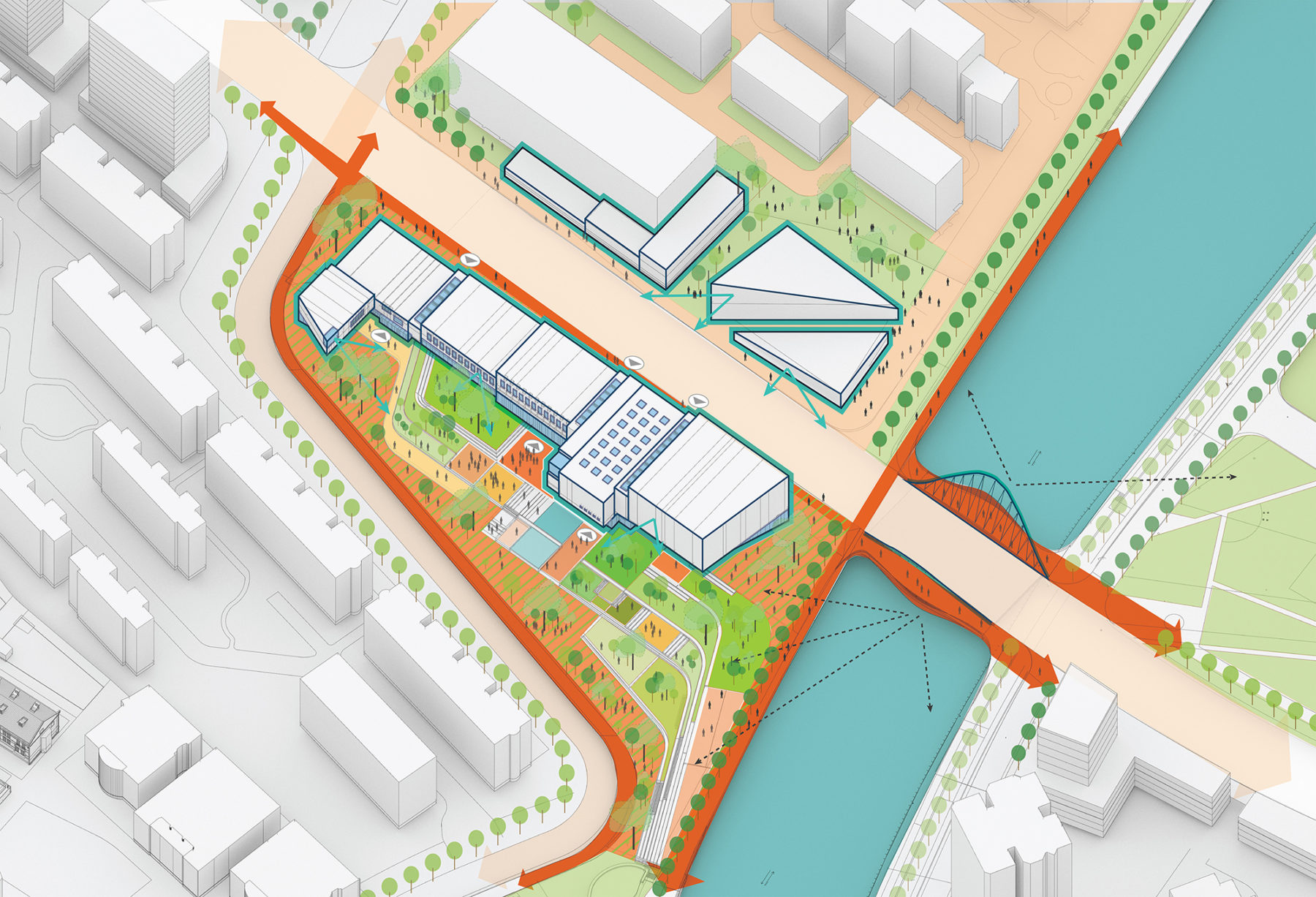 plan diagram of river and street corridor meeting