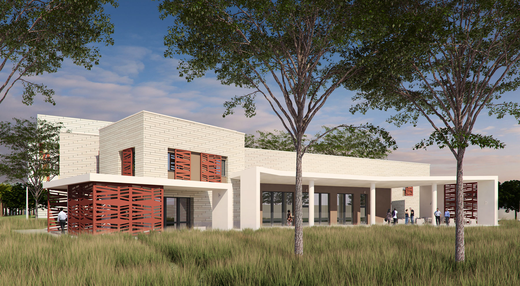 exterior rendering view with grasses and trees in foreground