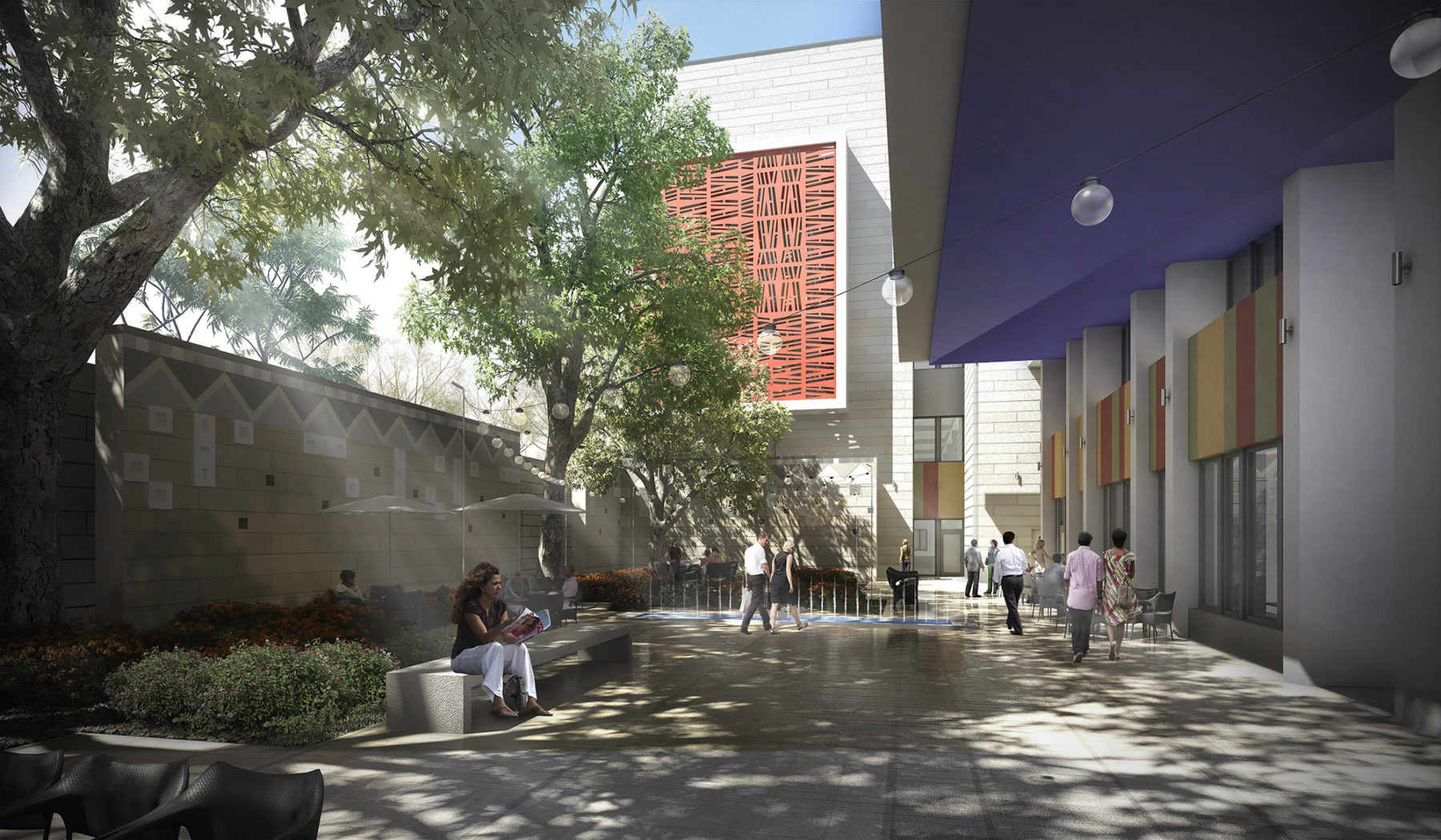 exterior rendering of shaded courtyard seating area