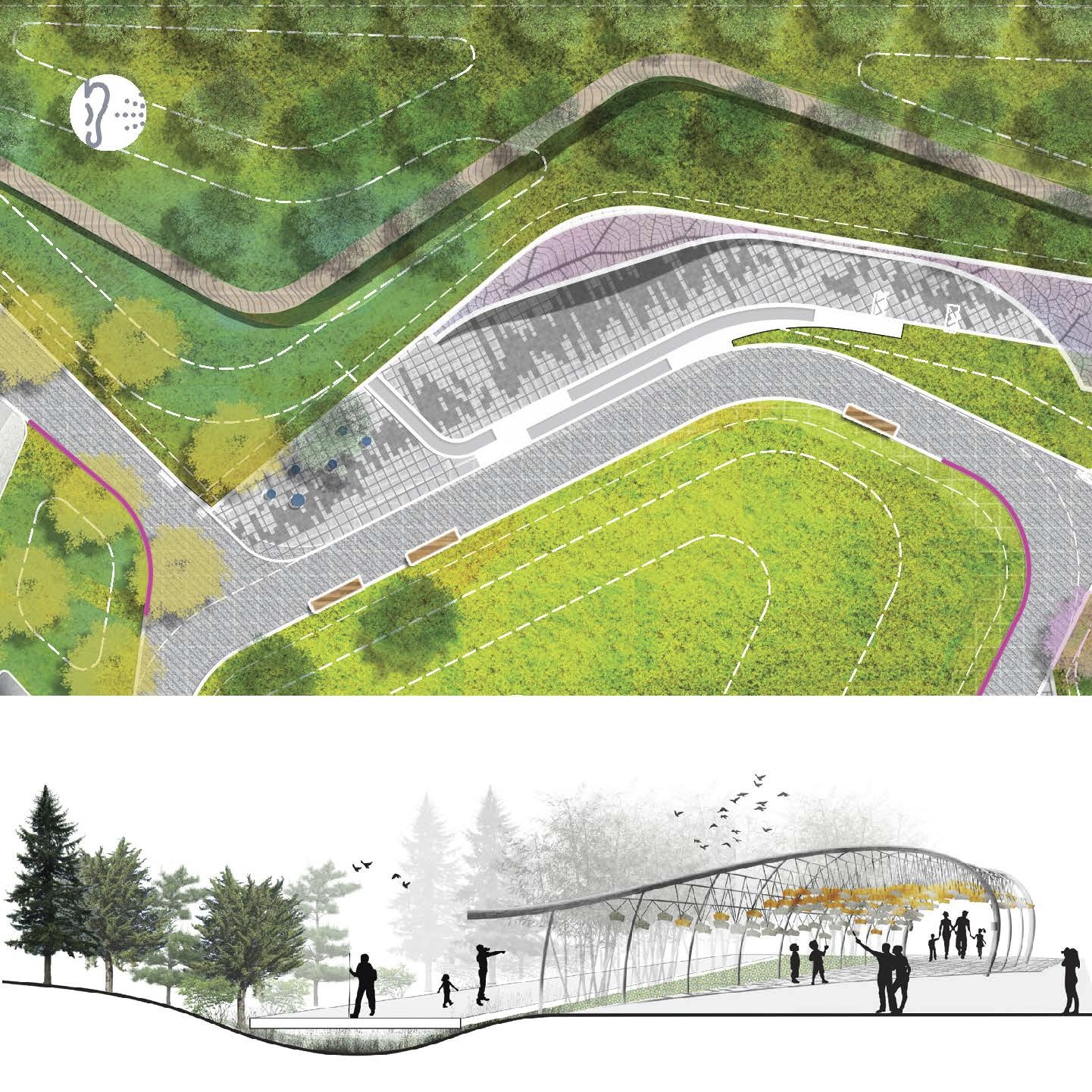 Diagram of the listening forest with unique stone work visualizing sound waves