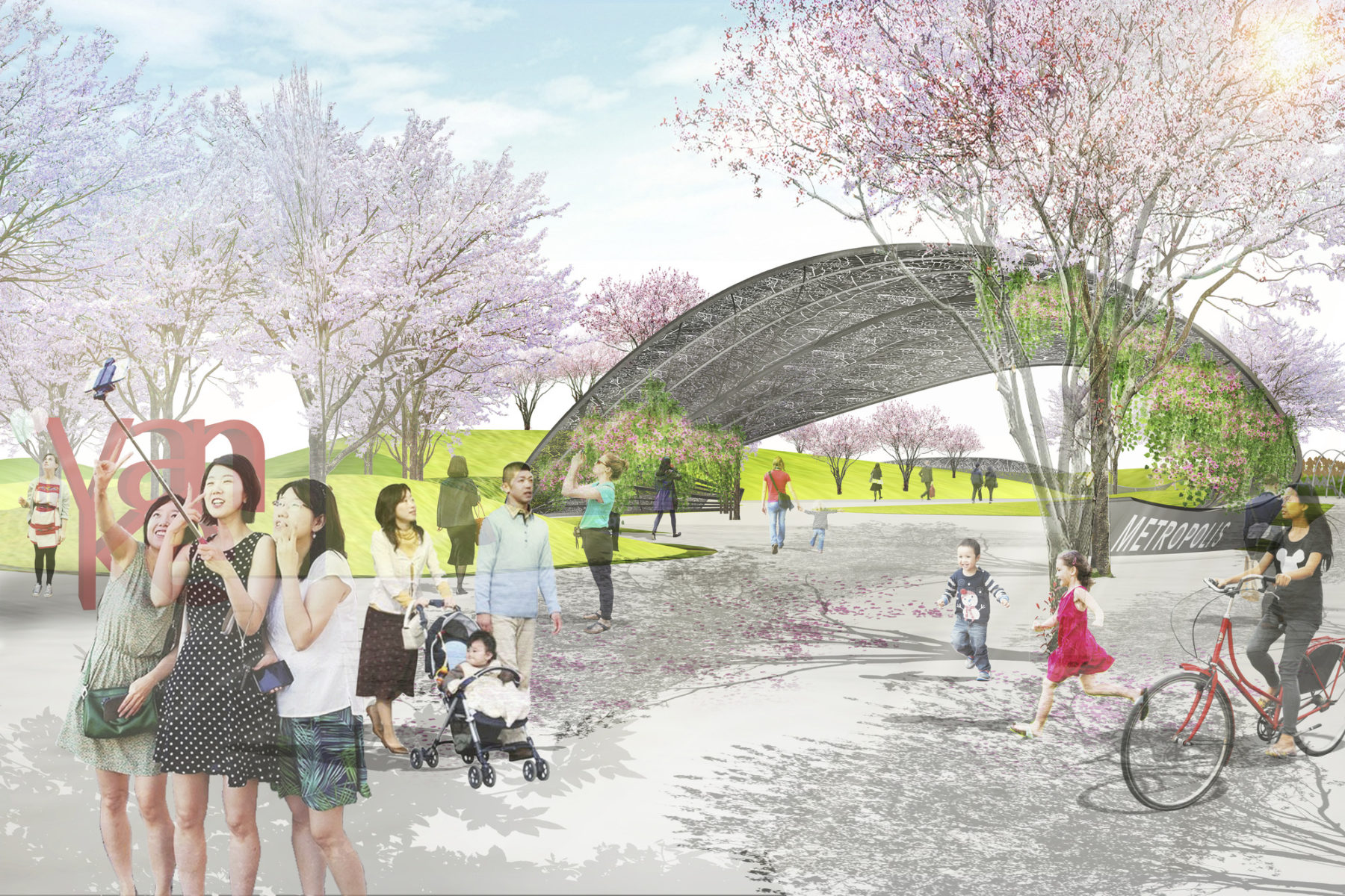 Friends, families and children gather to play and take photographs below cherry blossom trees.