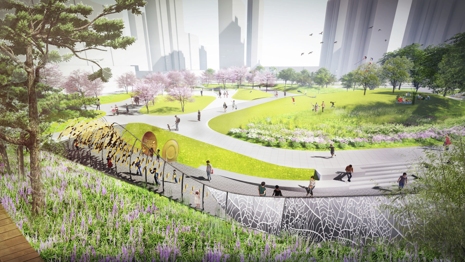 Visitors enjoying outdoor activities on a sunny day. Cherry blossoms and lush greenery evokes peaceful and serene sentiment