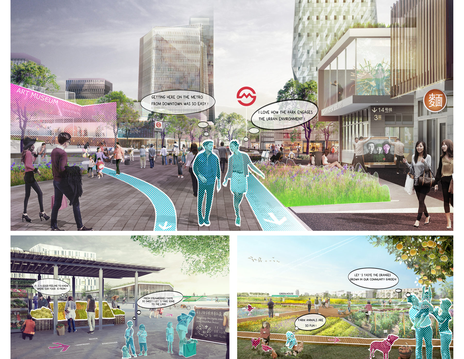 Trio of renderings: People gather in the plaza near the art museum (top); Peoples shop at a produce stand (bottom left); People enjoy the community garden (bottom right)