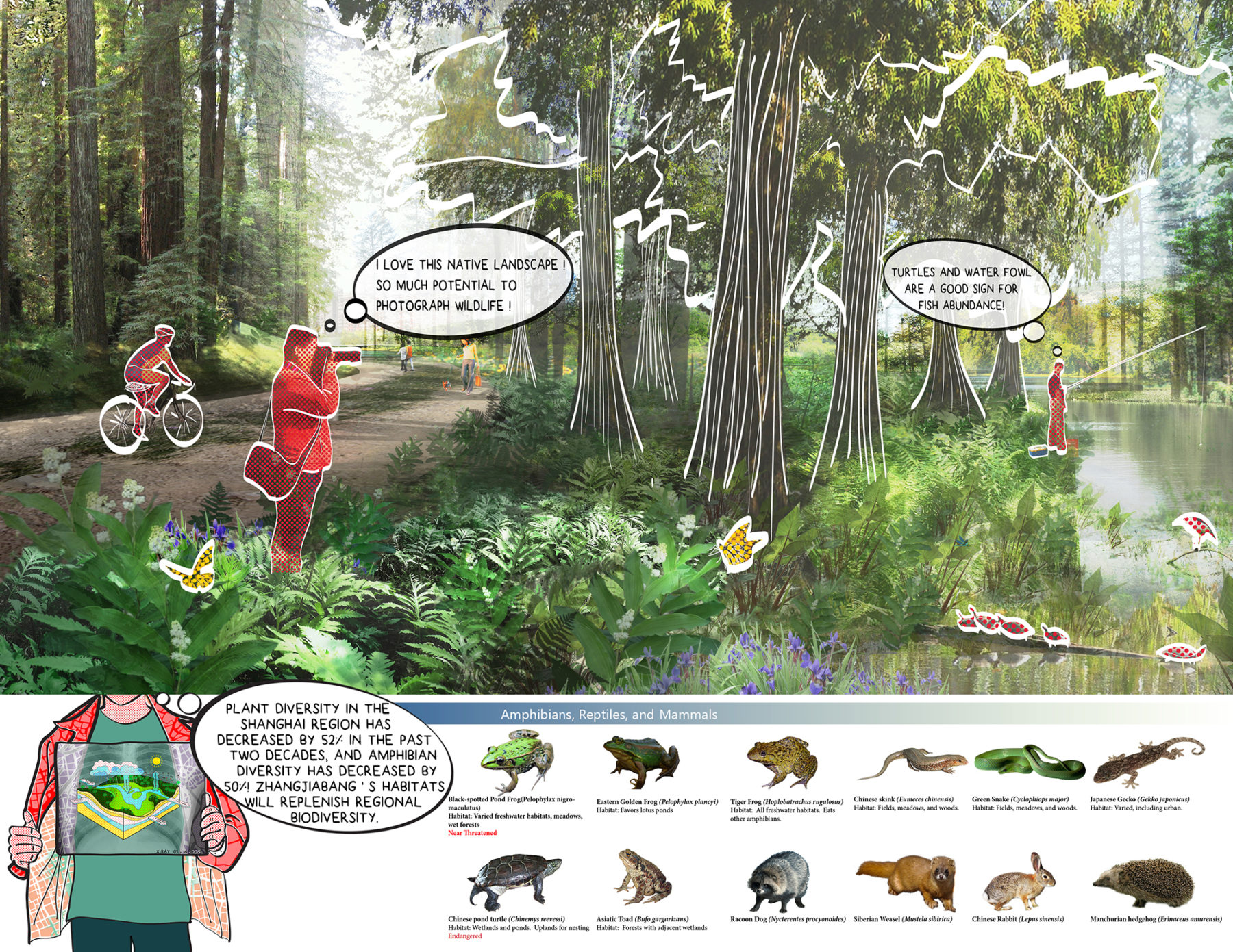 Rendering of people along a riparian edge—biking, fishing, and taking photos