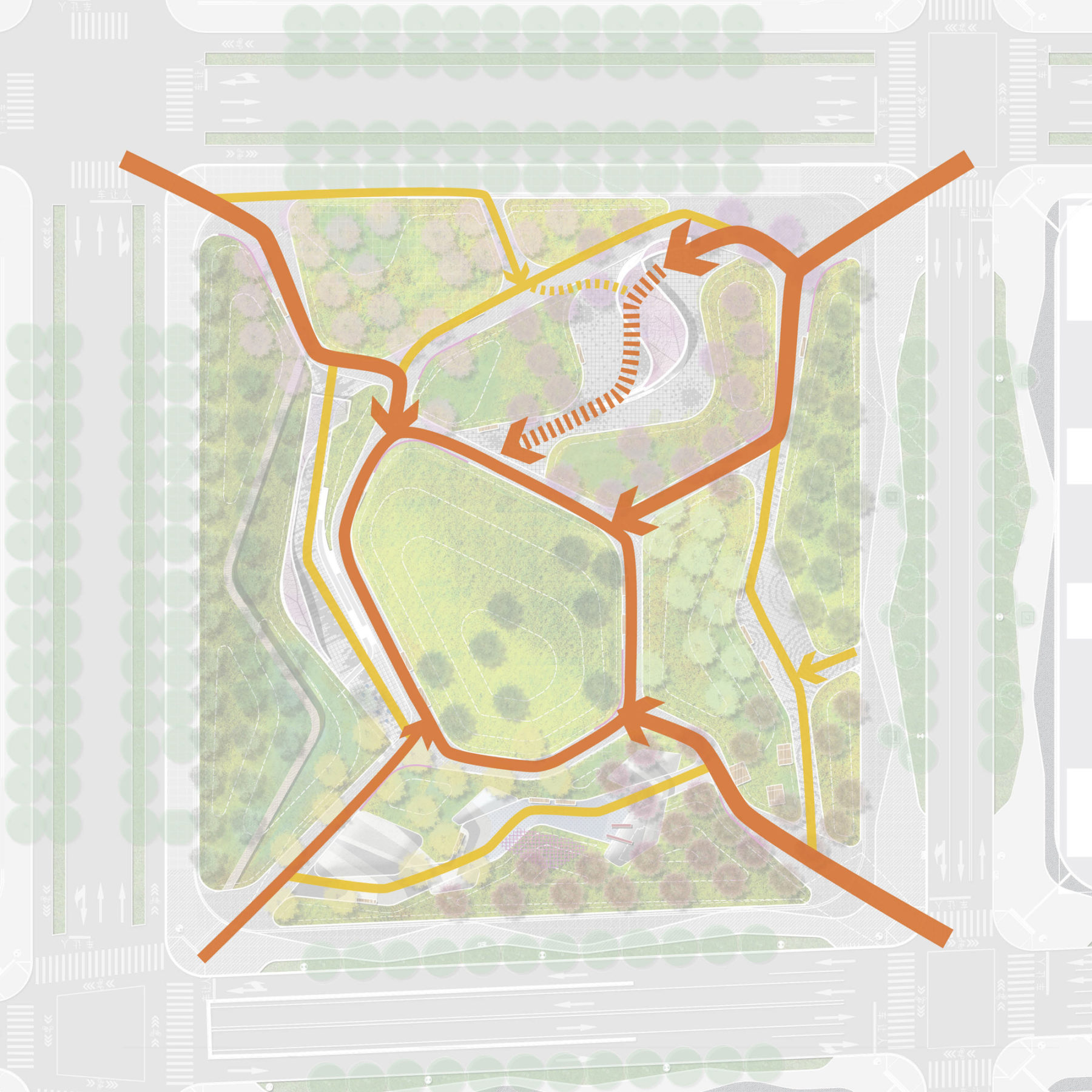 Diagram displaying the direction of foot traffic into the center of the park