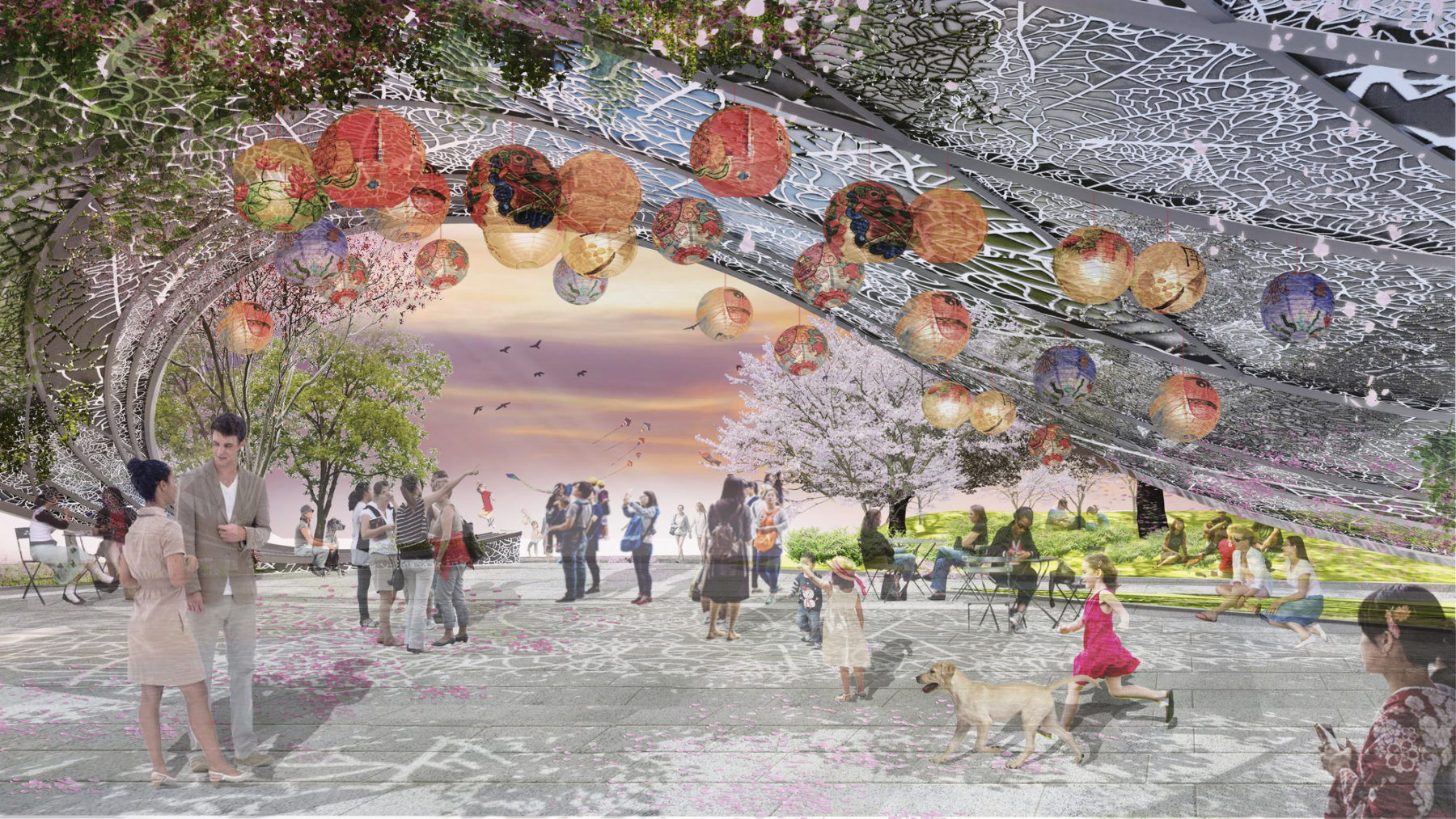 Groups of people gather at the park below an interactive light display of paper lanterns