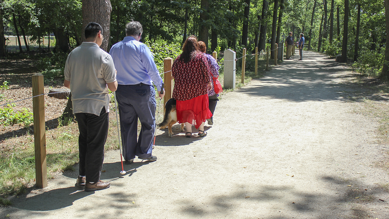 A group of people walk down a path