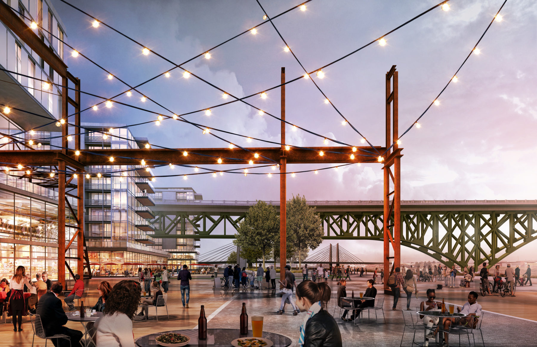 Dusk rendering of open seating areas with industrial and multi-use structures in background