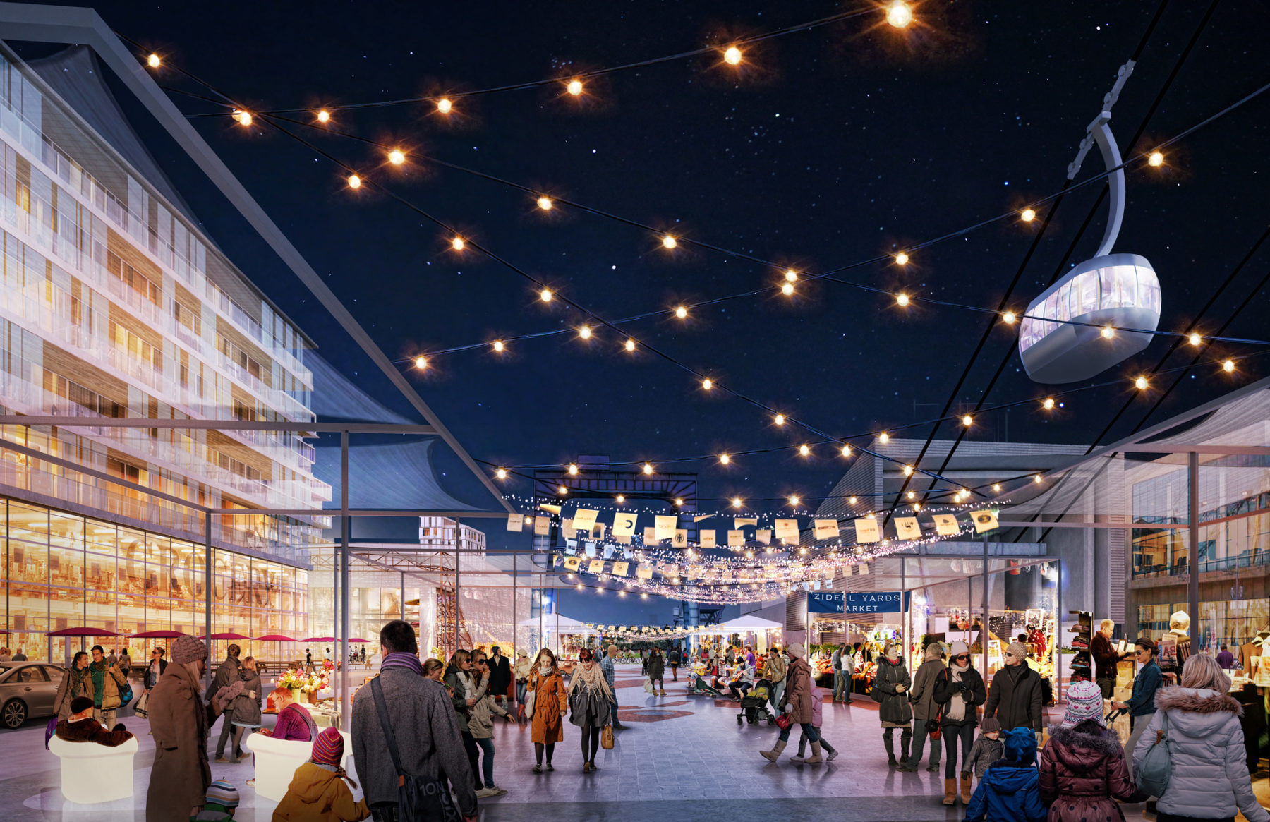 Evening rendering showing plaza activation with a Zidell Yards market