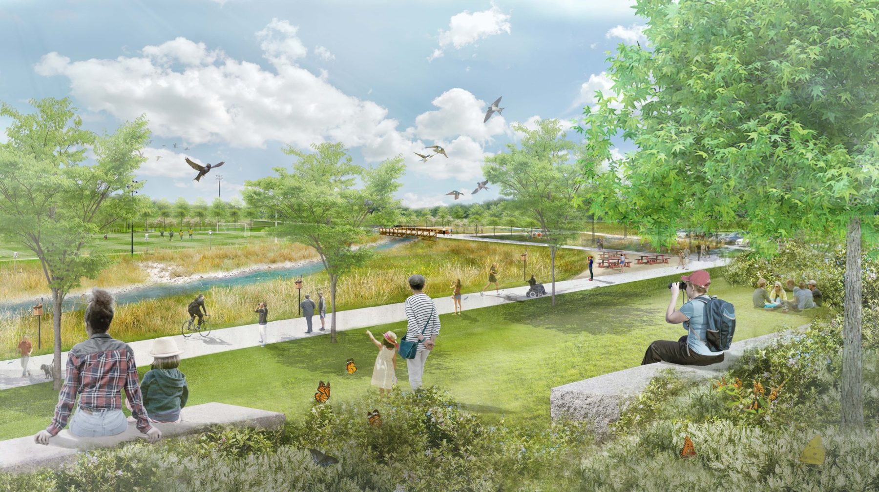Rendering of stream, path, and green spaces