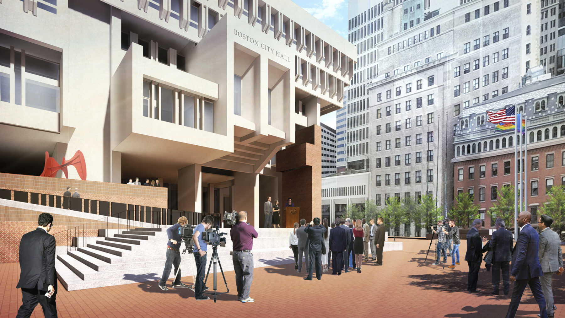 rendering of person speaking at a podium in boston city hall plaza