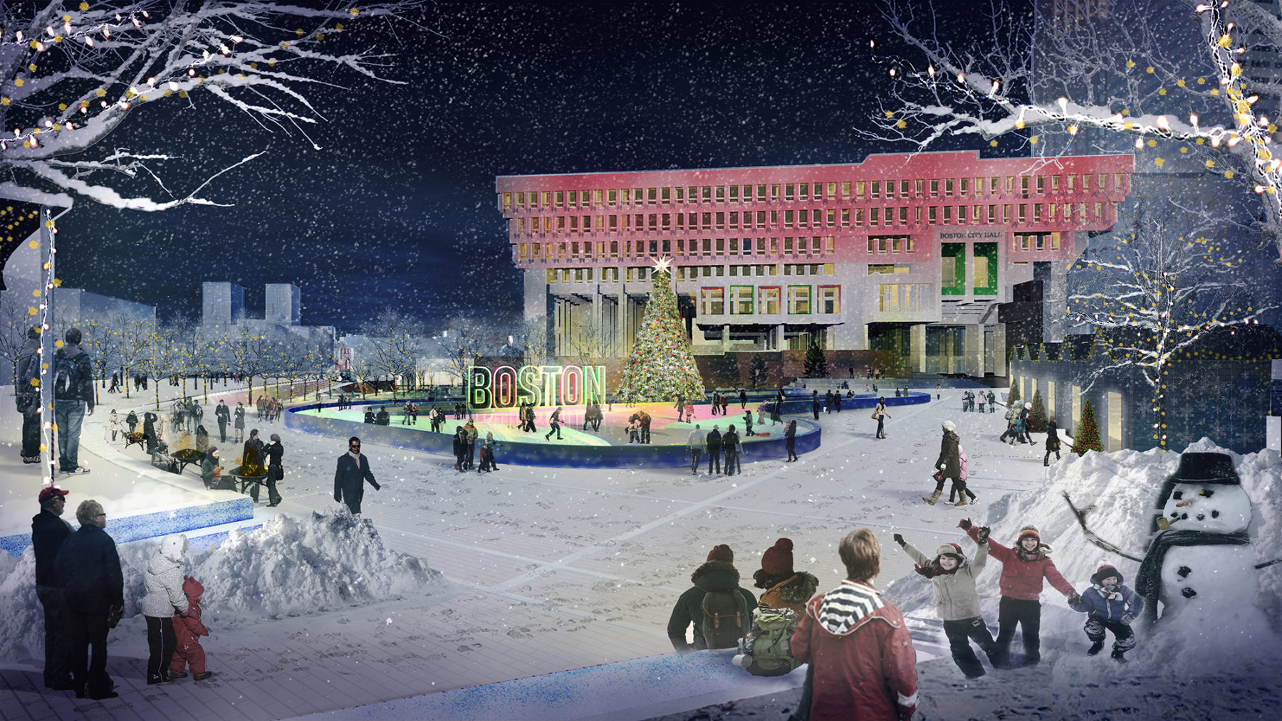 rendering of people ice skating in the plaza in winter