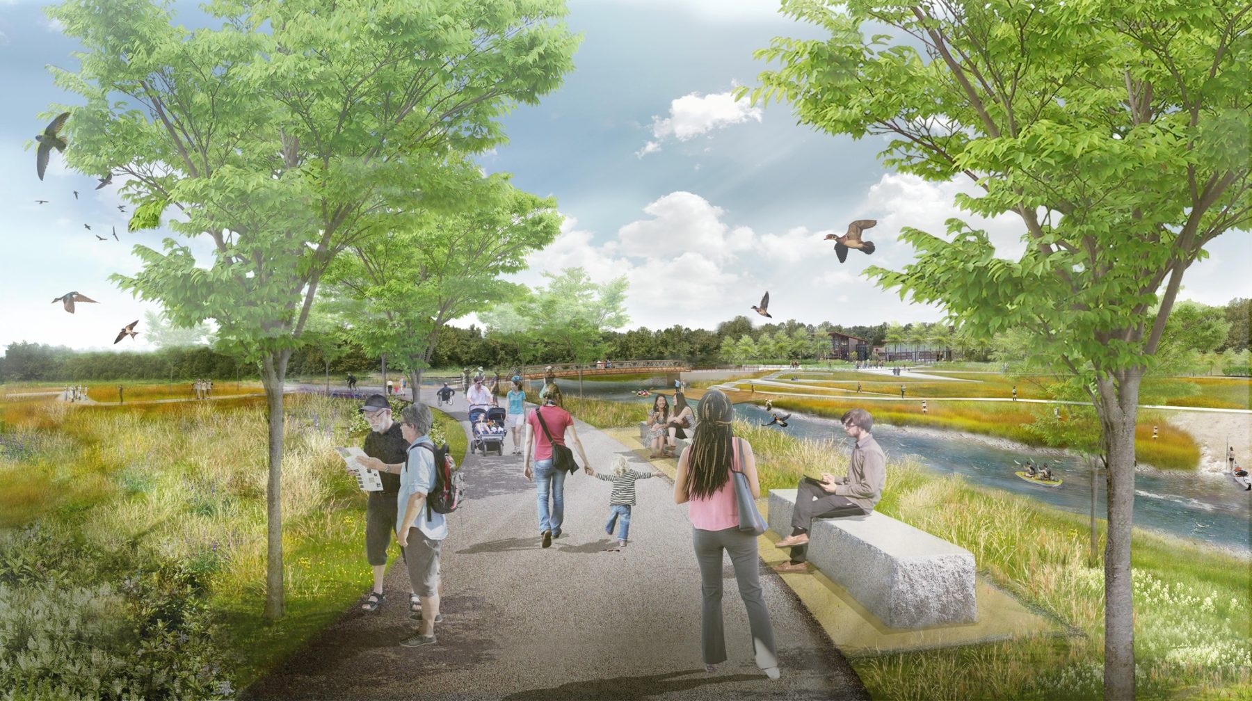 Rendering of people enjoying walking path