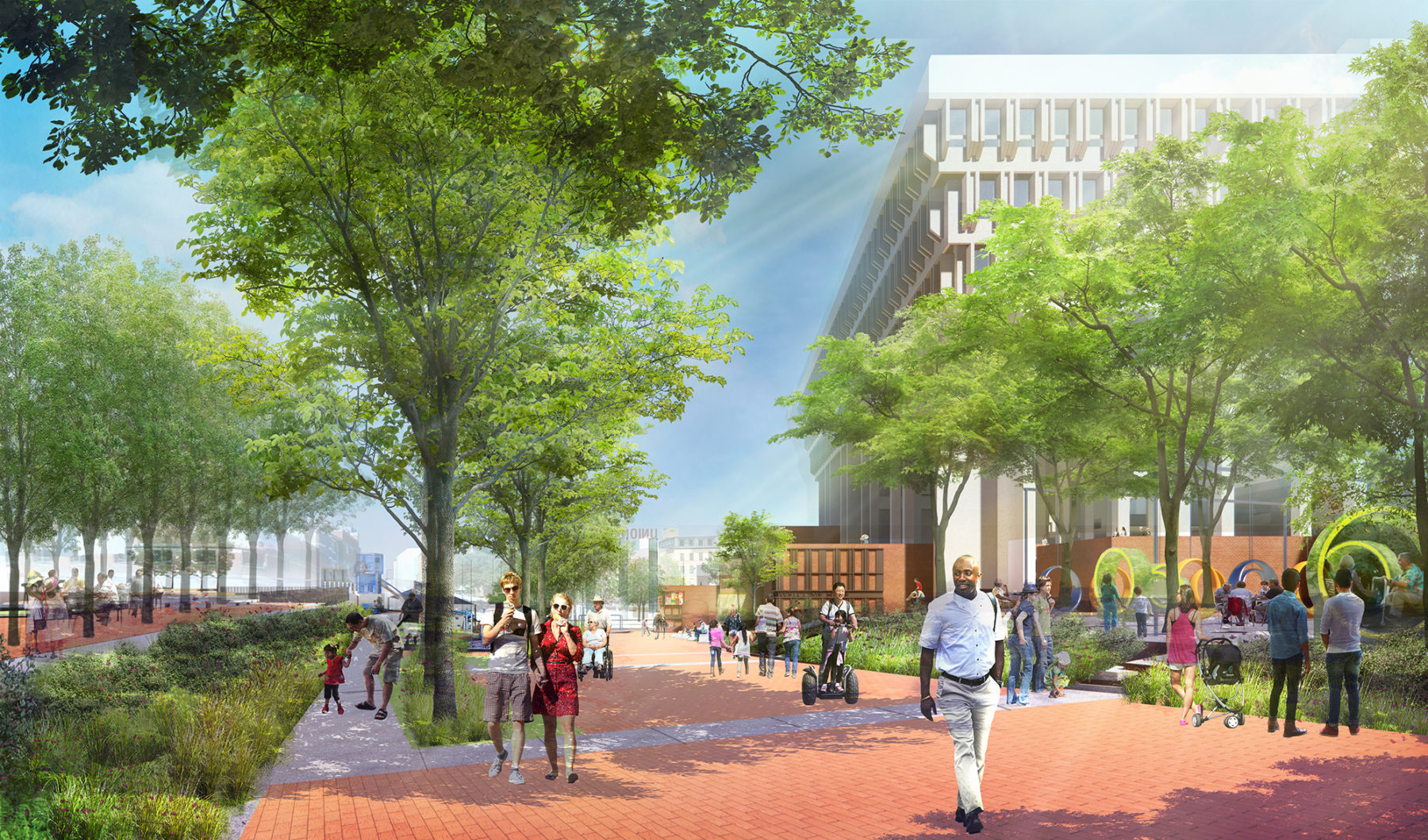 rendering of people walking through plaza