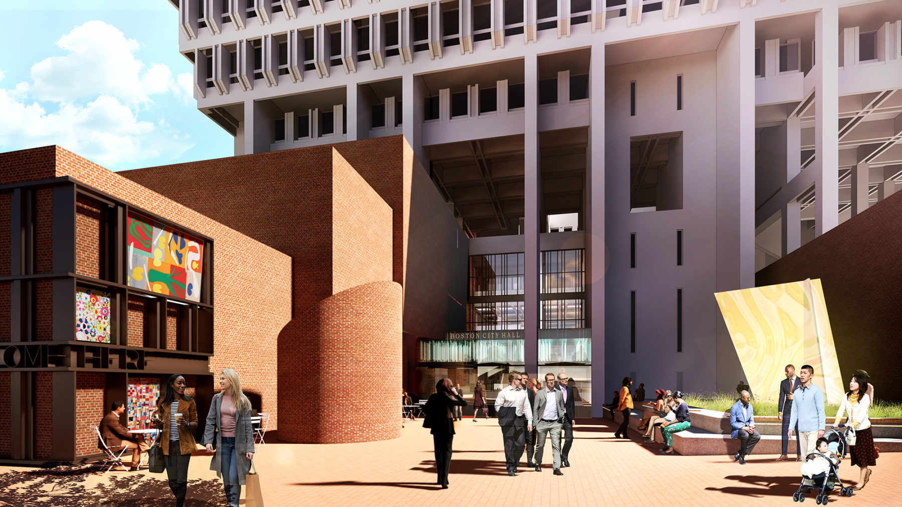 rendering of people at city hall entrance