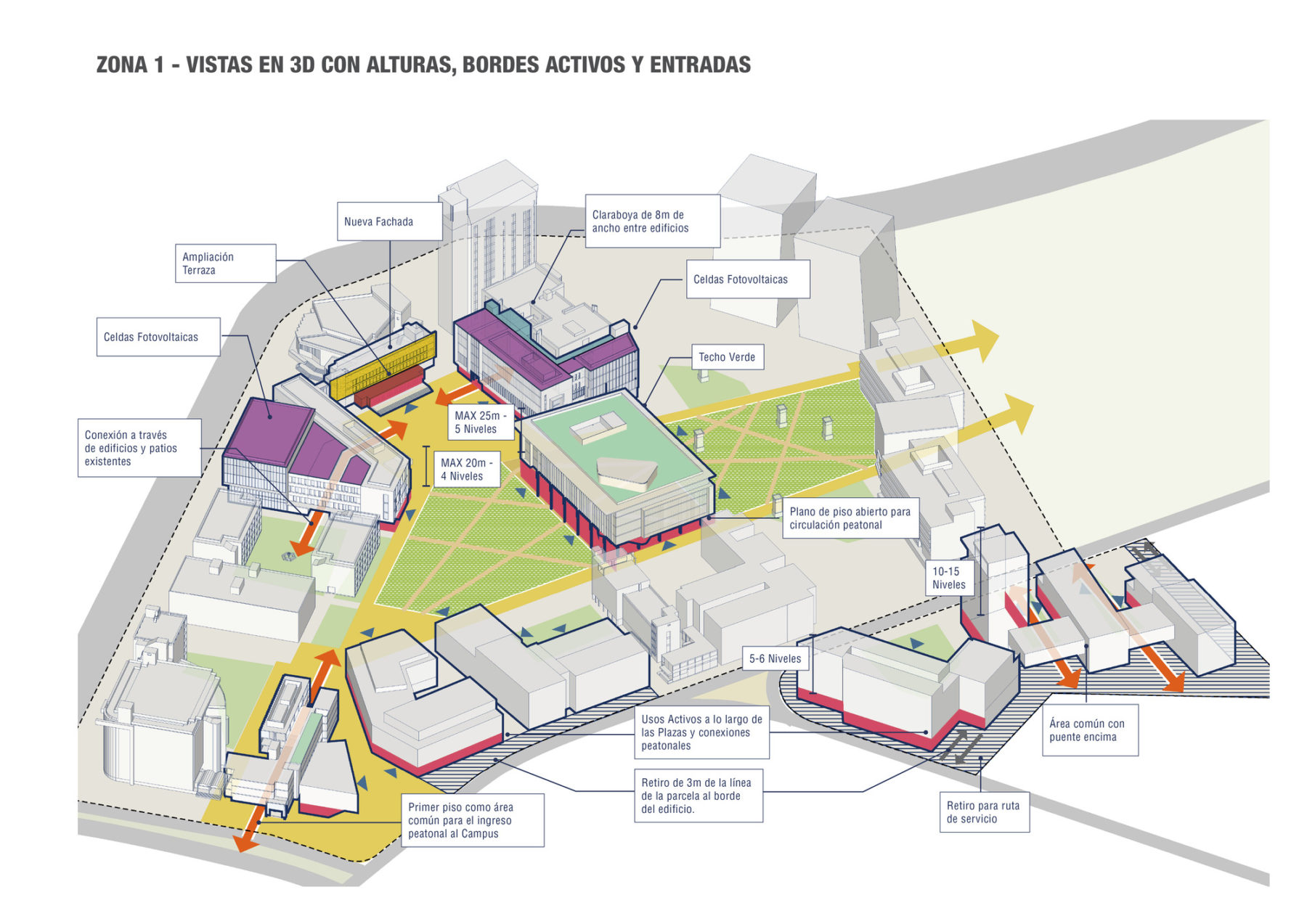 Diagram of new buildings and quads with Spanish labels