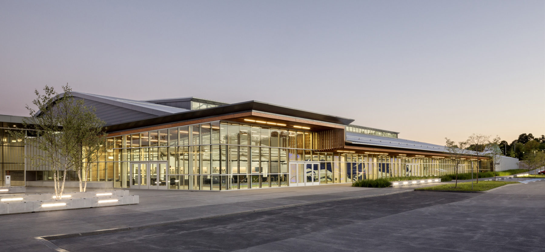 Night time view of Middlebury College's Virtue Field House