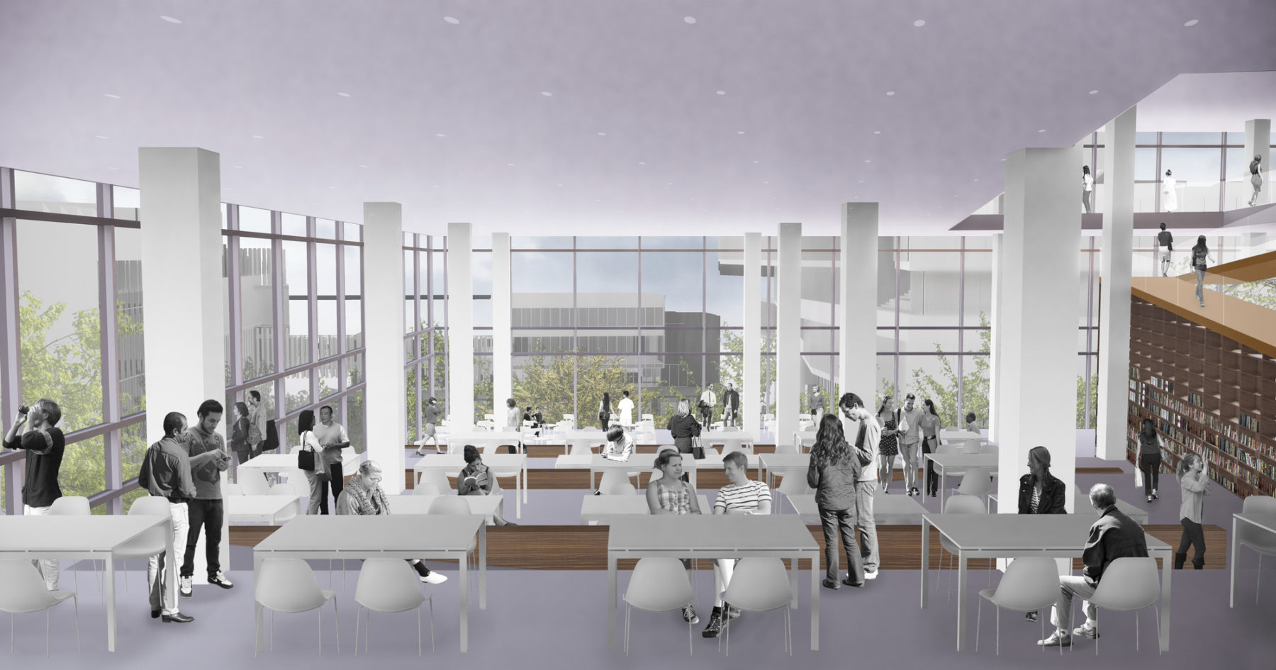 Rendering of the library open seating areas and windows