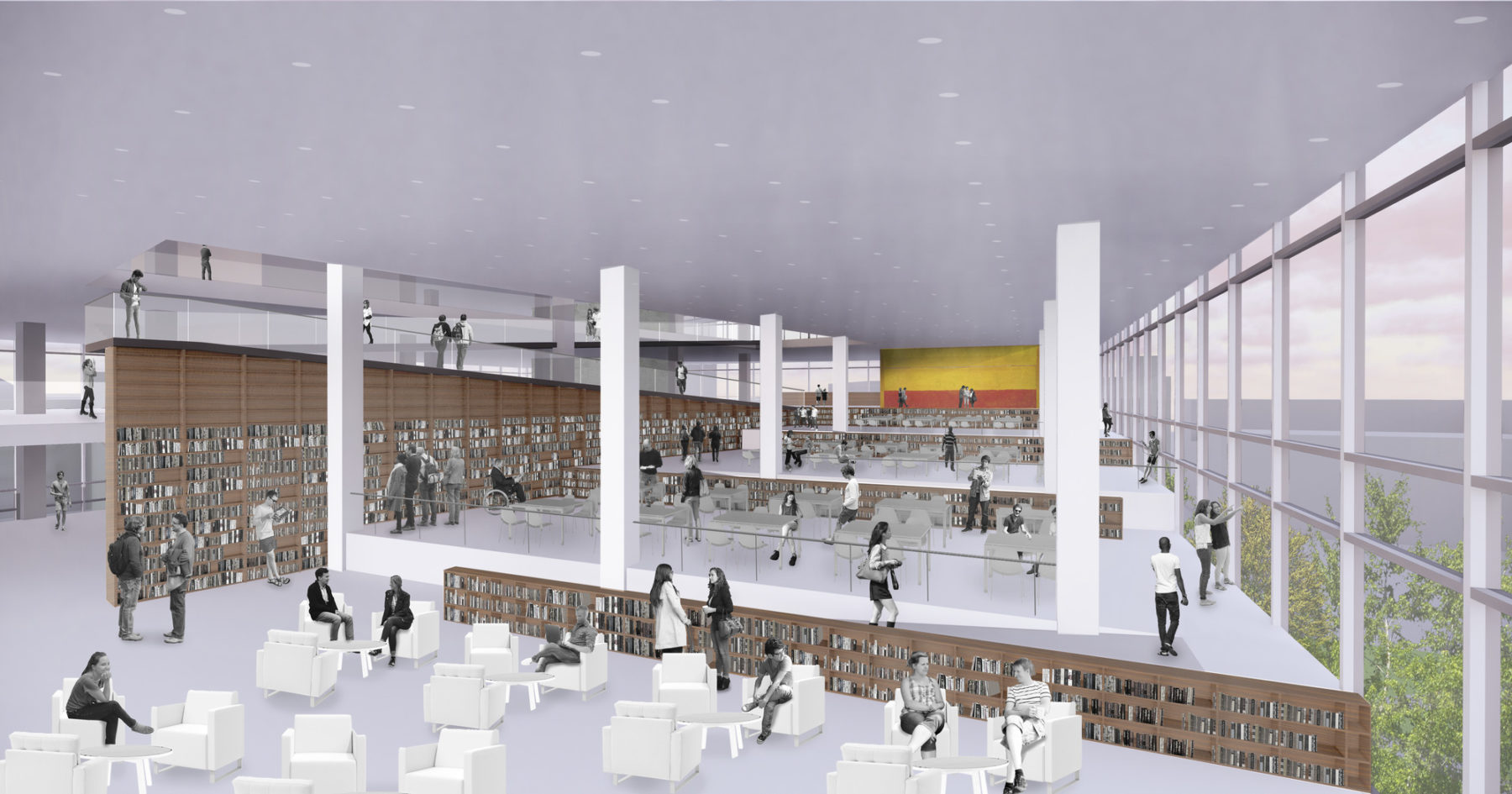 Rendering of the new library showing books and open seating
