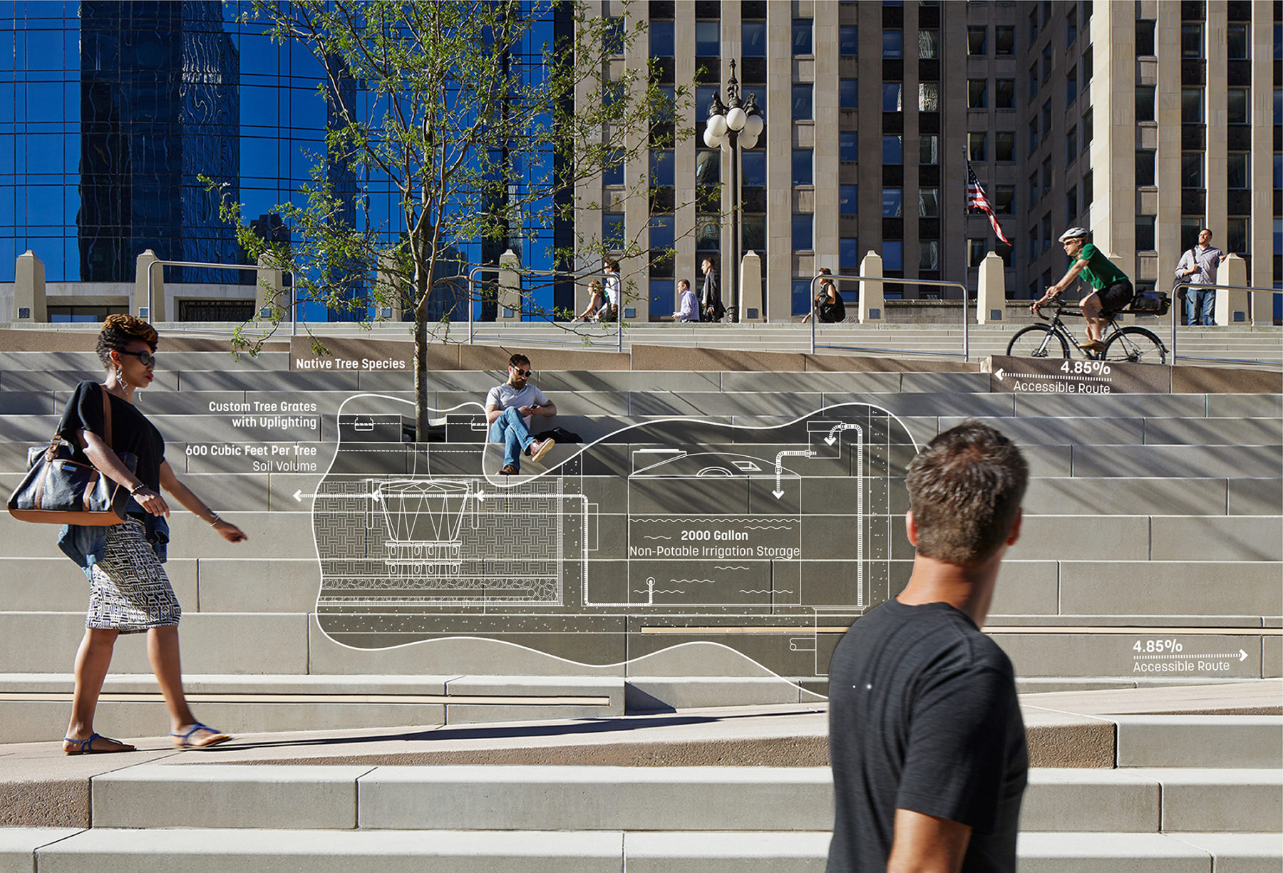 elevational photo with cutaway graphics showing sustainability elements