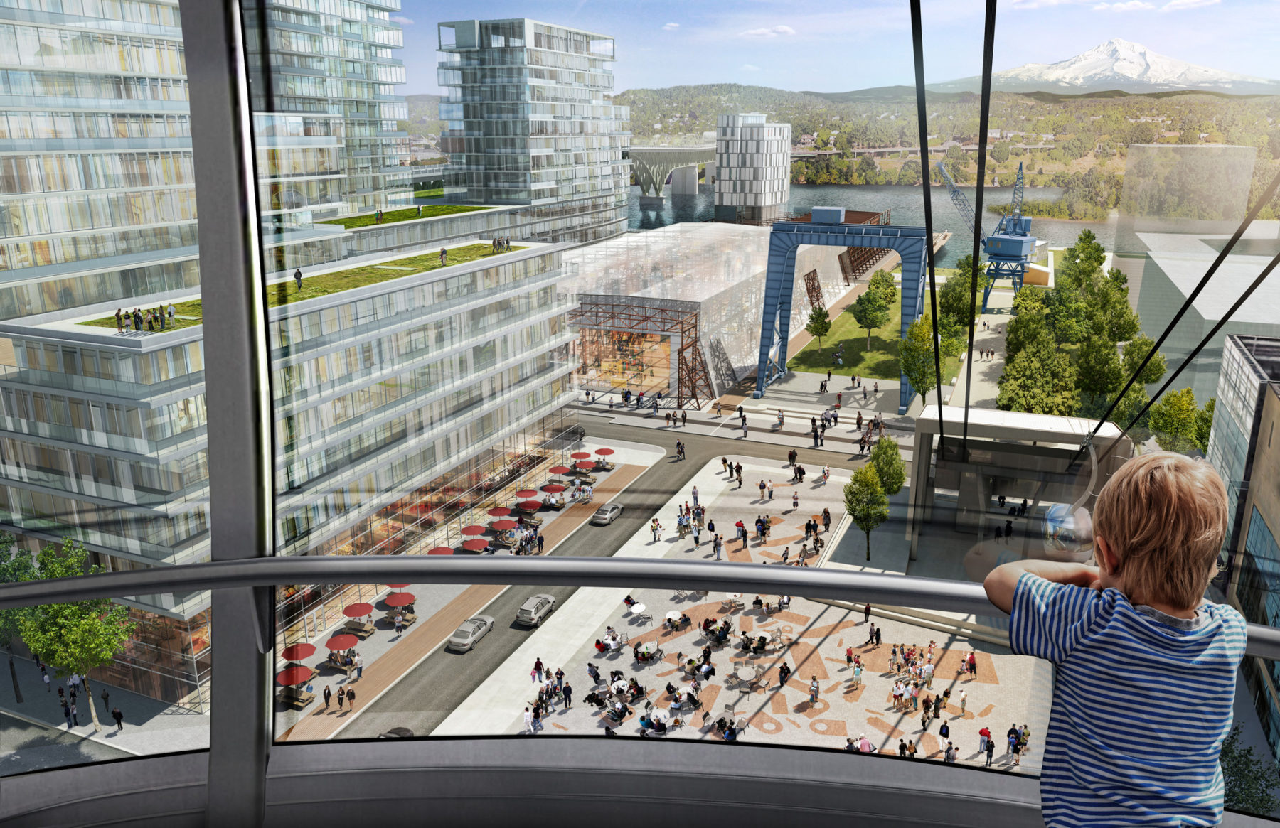 Rendering of child viewing the new Yidell Yards from a gondola