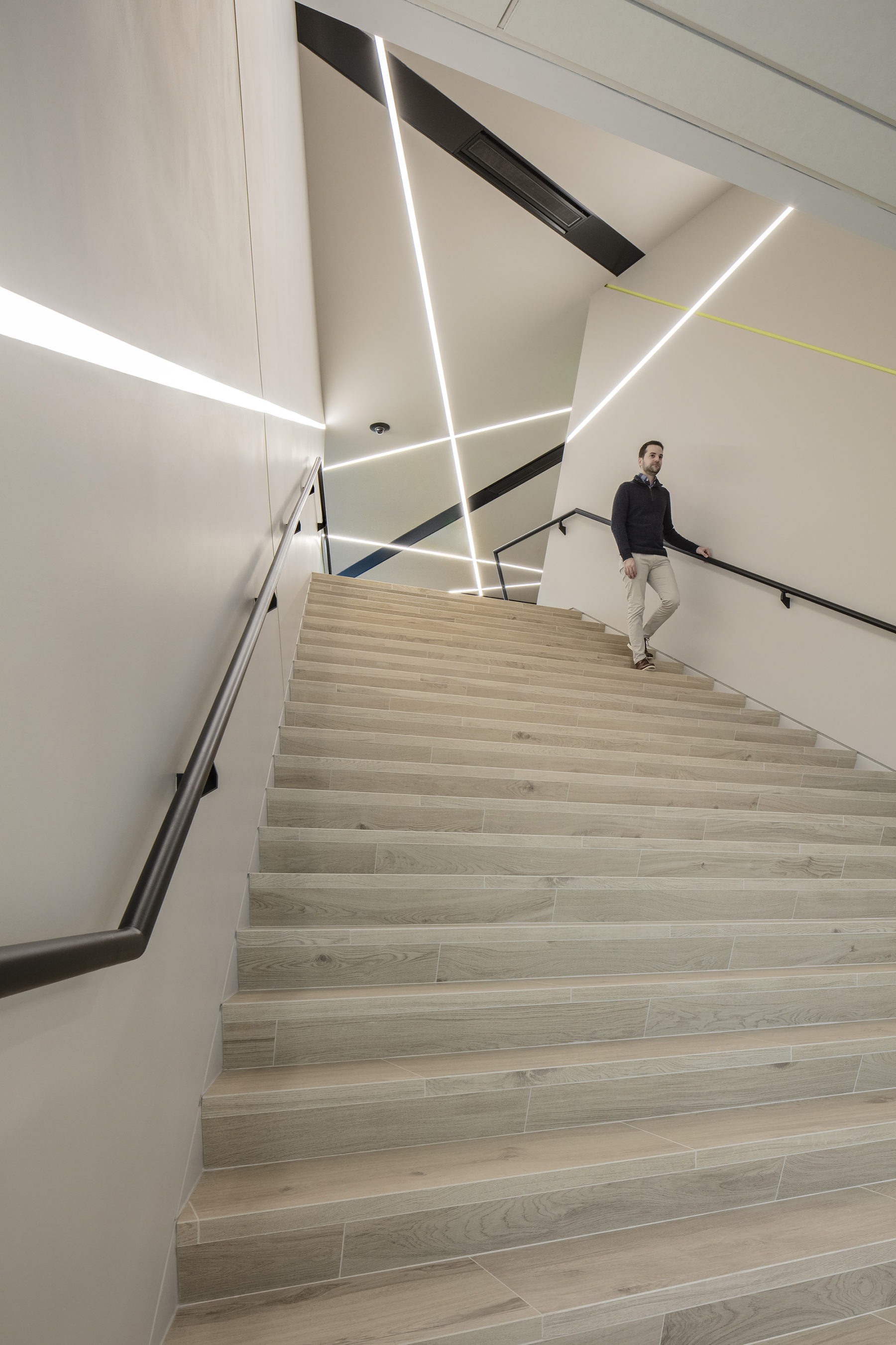 a photo looking up a set of stairs