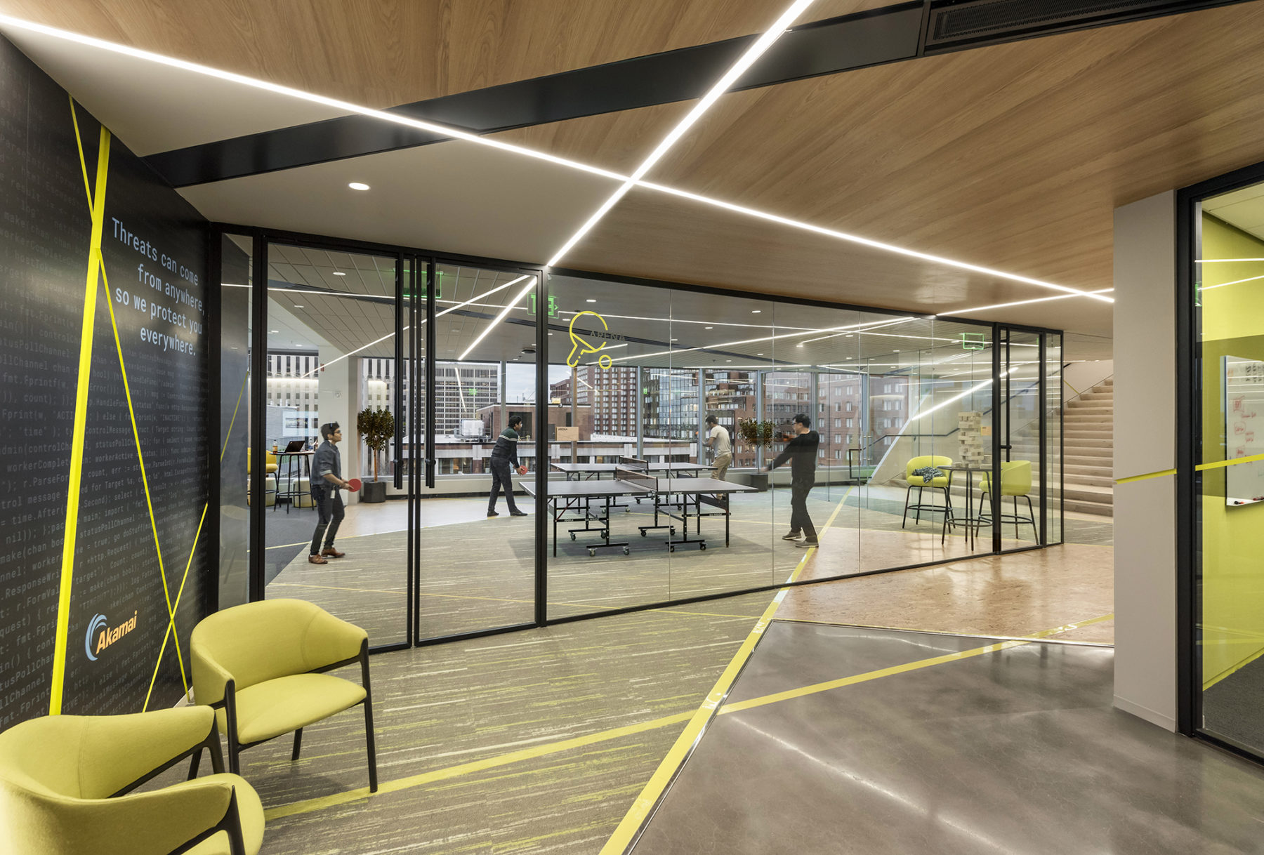 a view into a room with ping pong tables