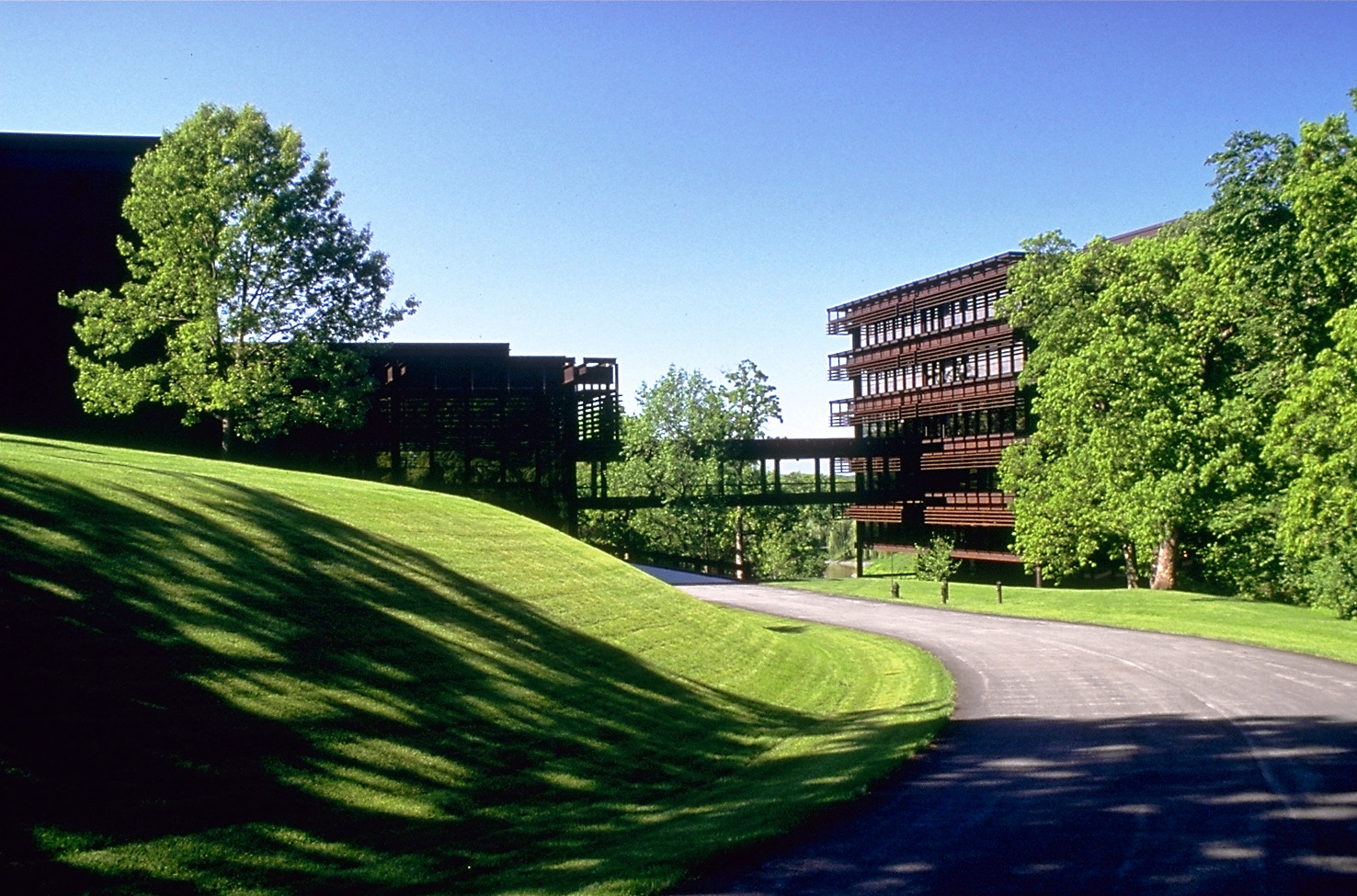 Photo of a rolling hill and driveway leading to an office building