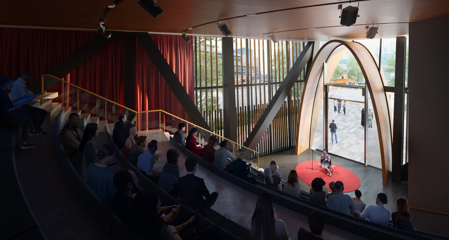 Rendering of building interior. People sit in an amphitheater watching a presentation