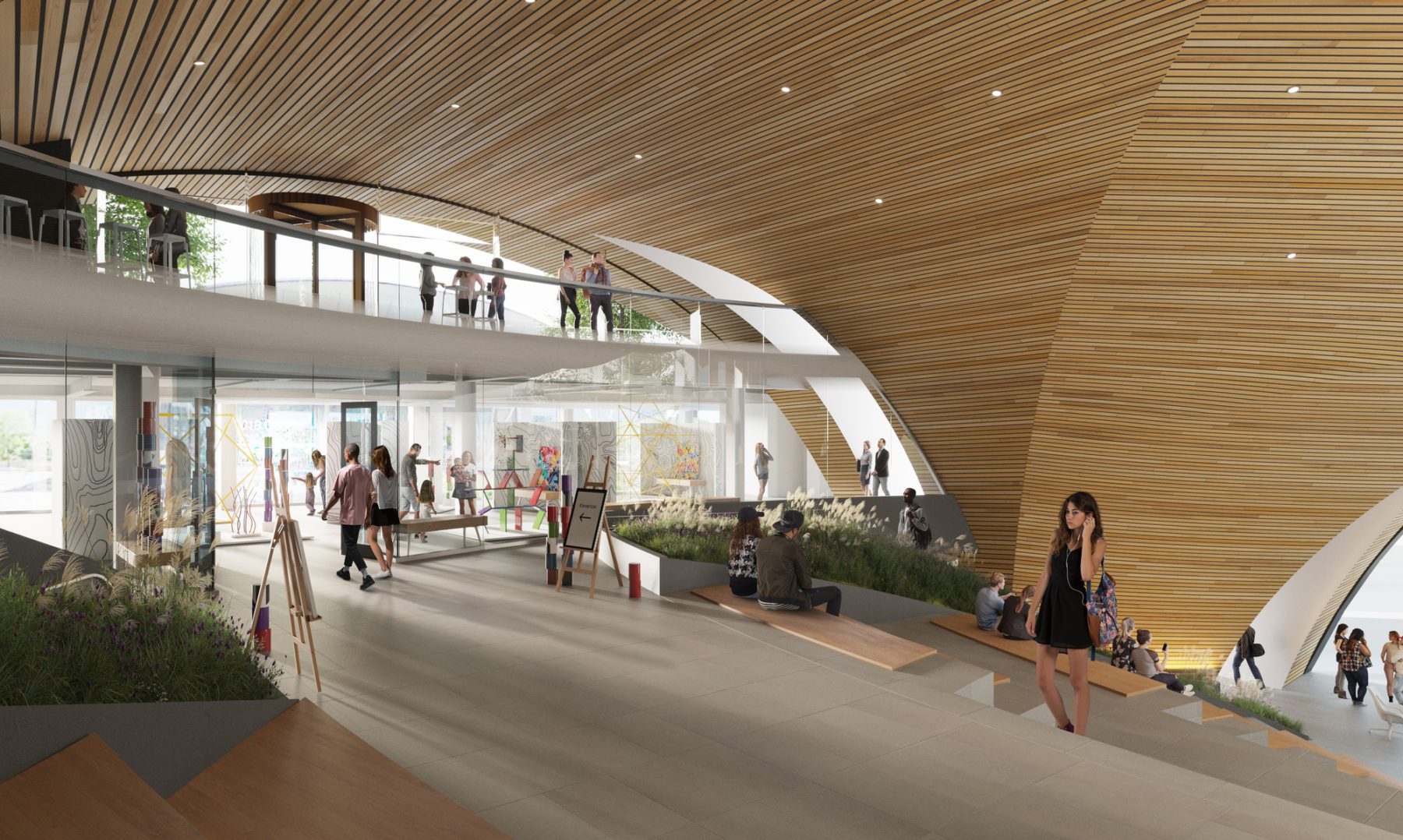 Rendering of building interior. Shops are located a the top of stairs