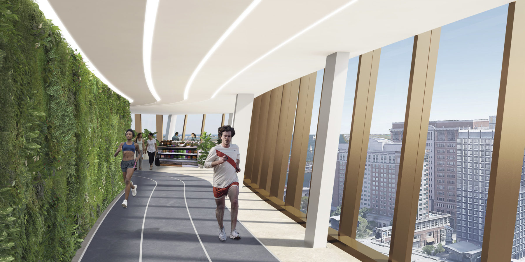 interior rendering of fitness track. a green wall wraps one side and a large windows on the other, people run on track