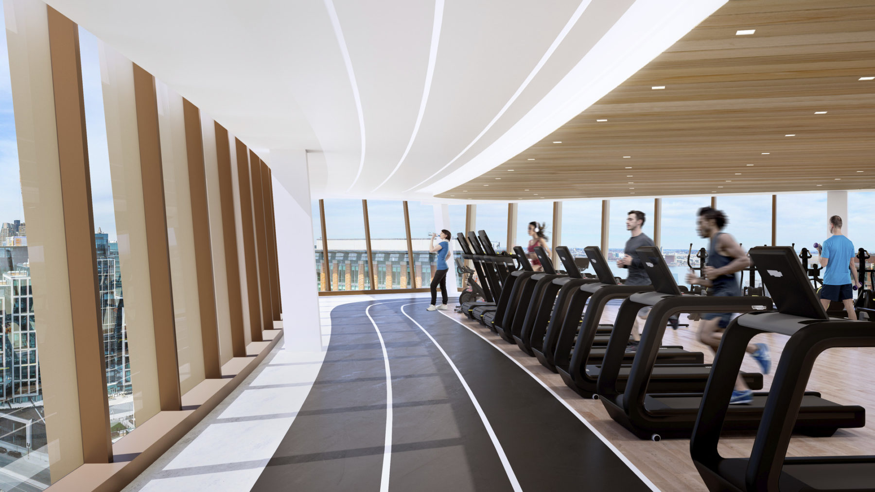 interior rendering of fitness corner, large windows on the left, track in the middle, and people running on treadmills on the right
