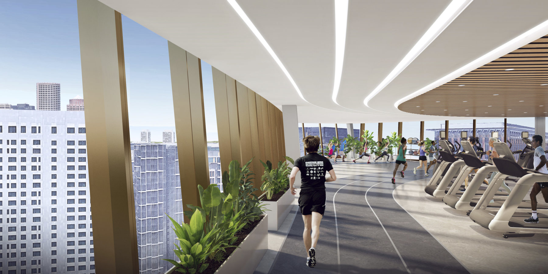 Interior rendering of gym. A man runs on an interior track