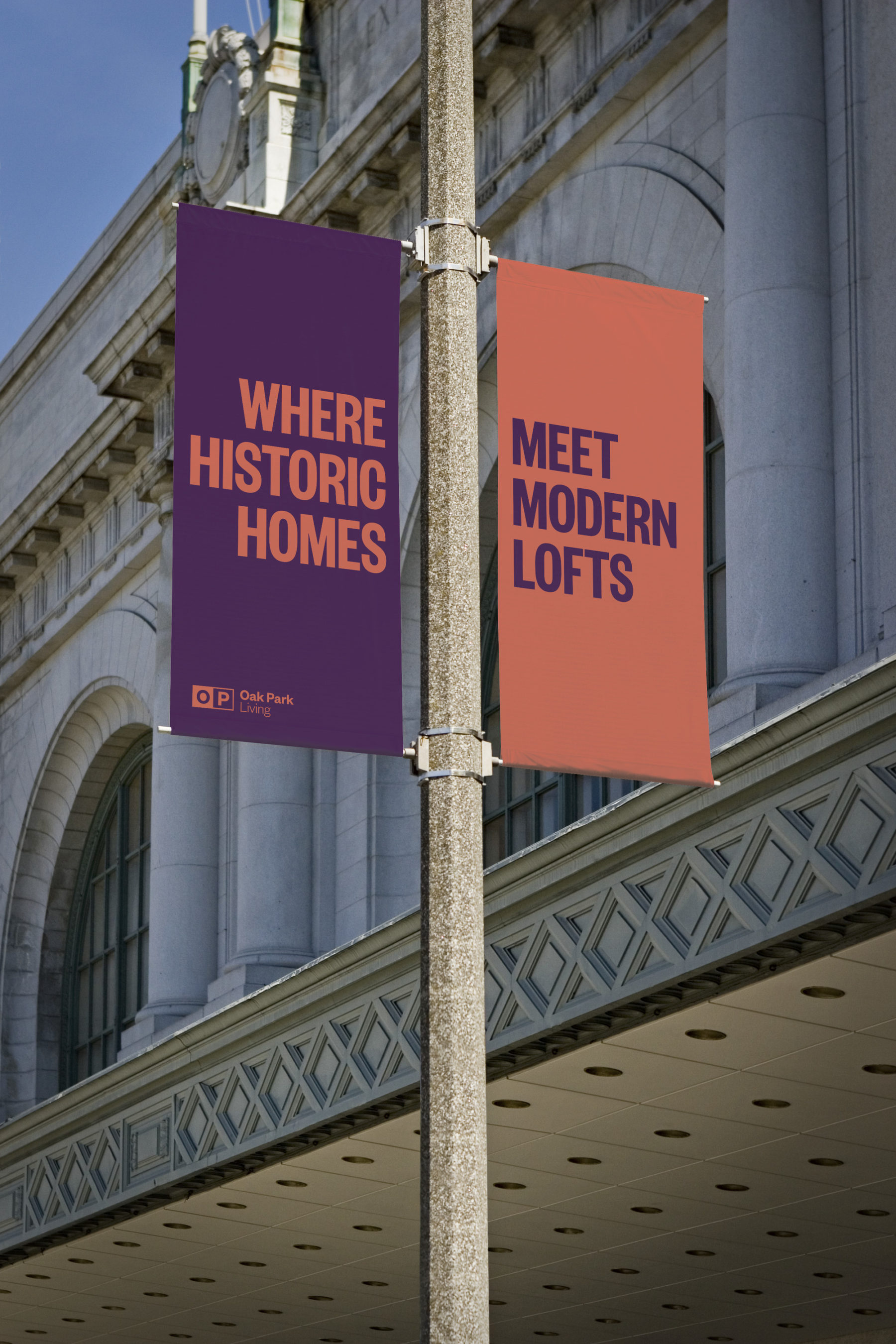 Branded Oak Park banners shown on a light pole