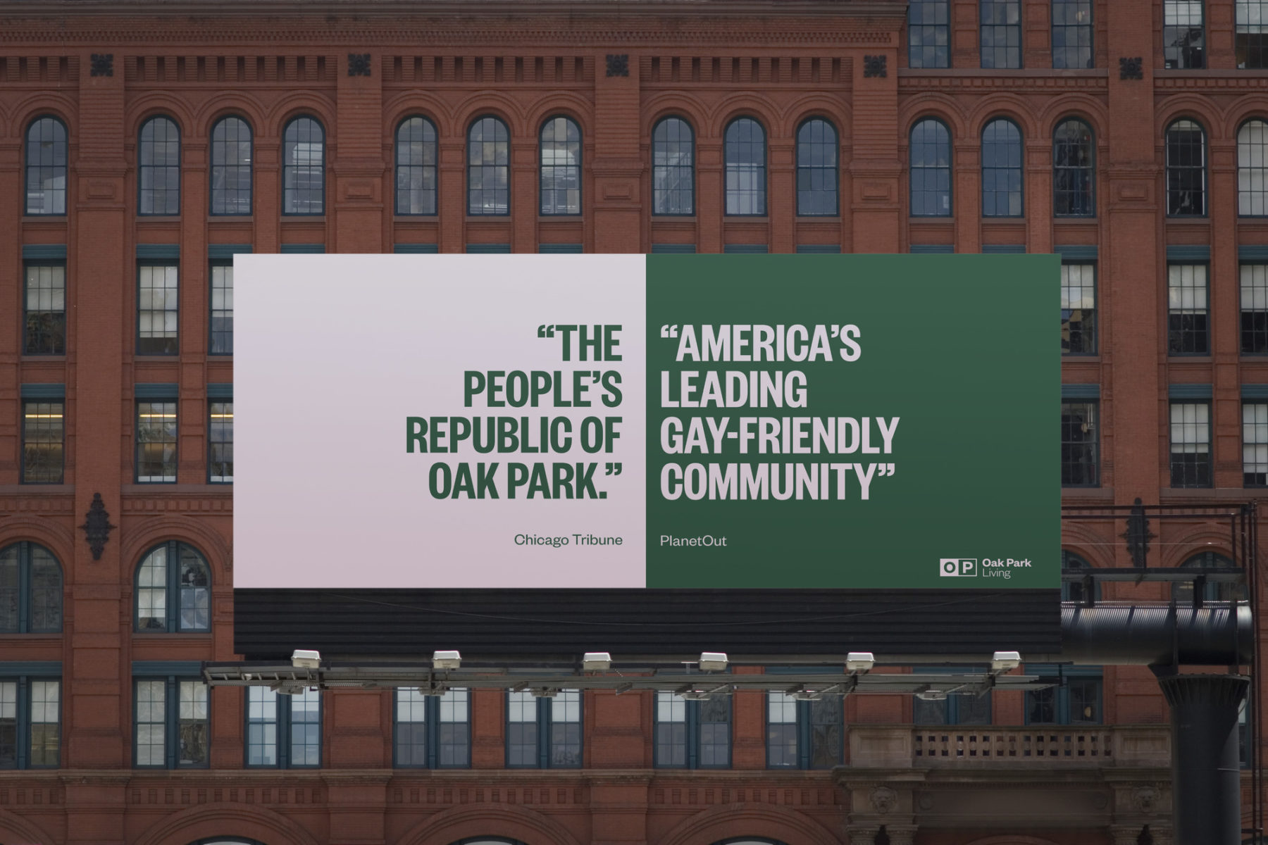 Branded Oak park billboard shown on the side of a building