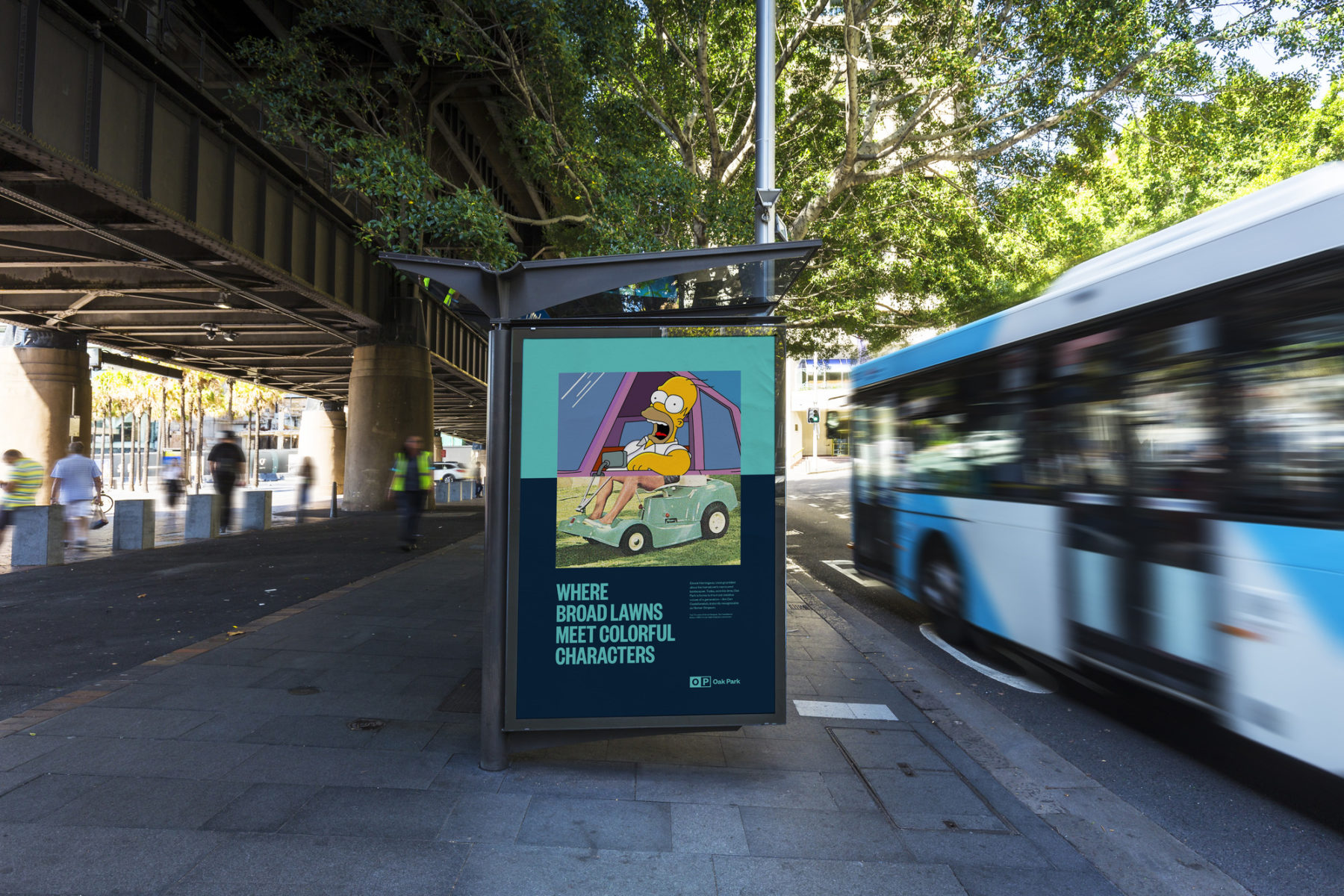 Oak Park branded poster on the side of a bus stop shelter