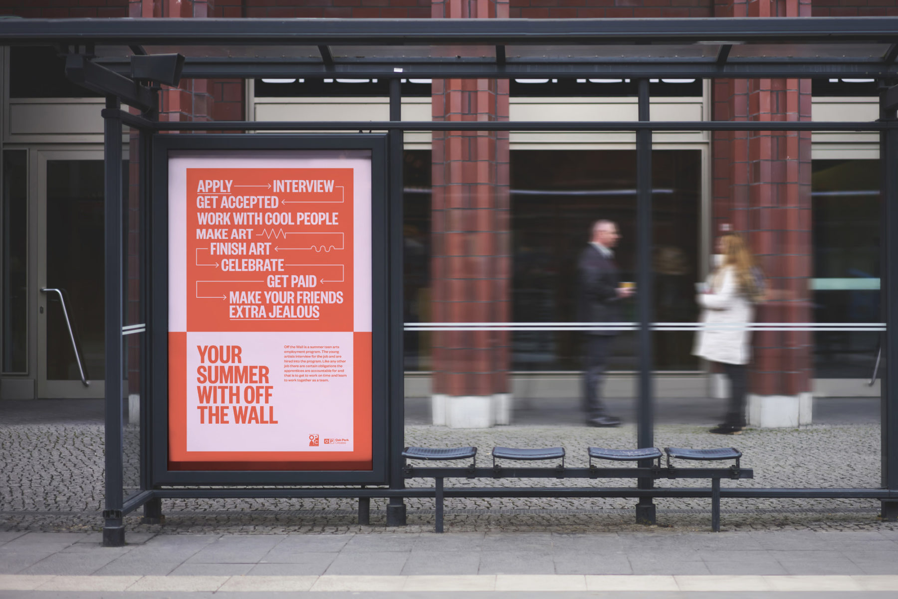 Branded poster is shown within a bus stop shelter