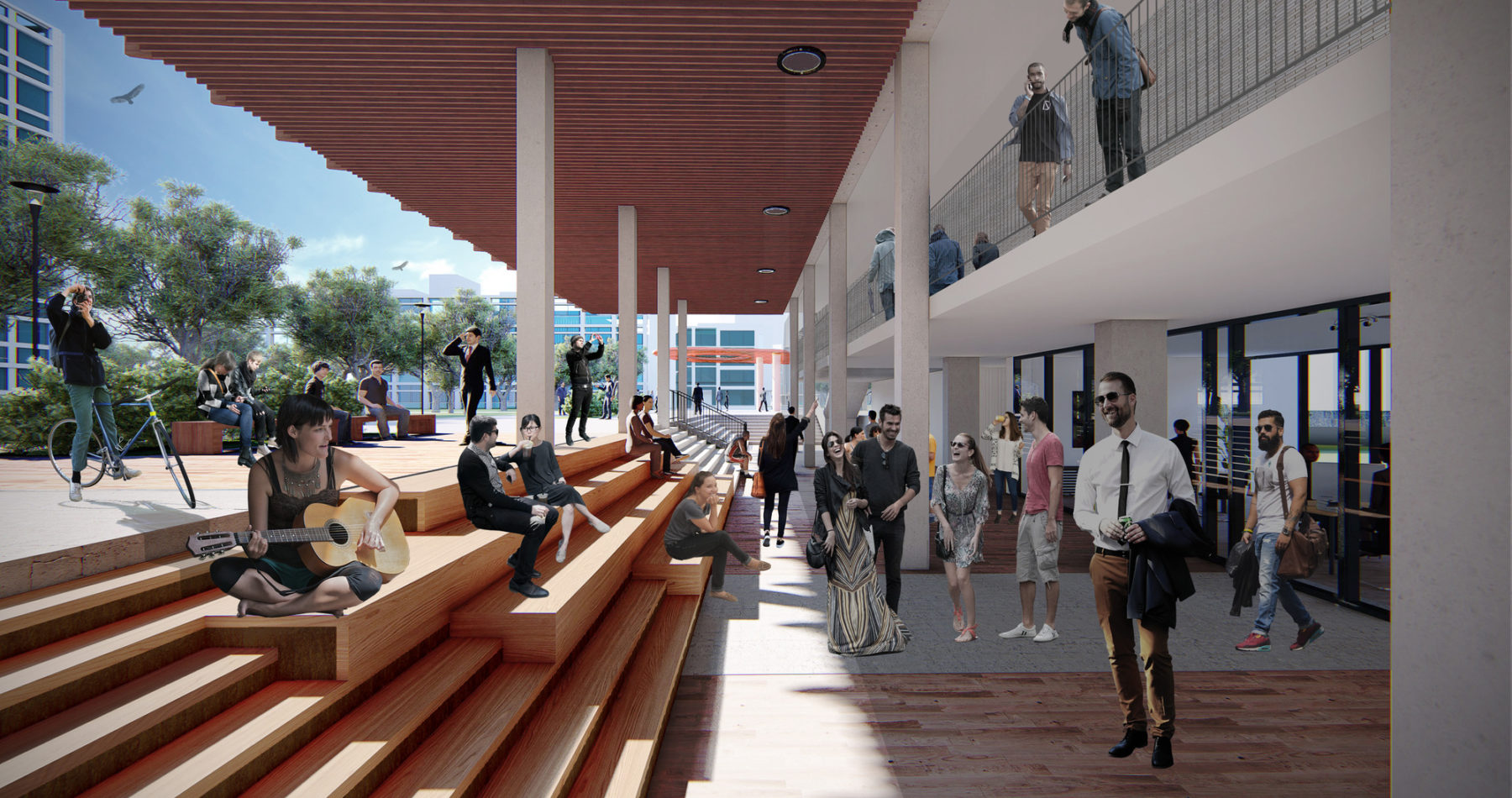 The Center for Admissions, Student Services, and General Studies rendering of students outside seated and standing by the entrance