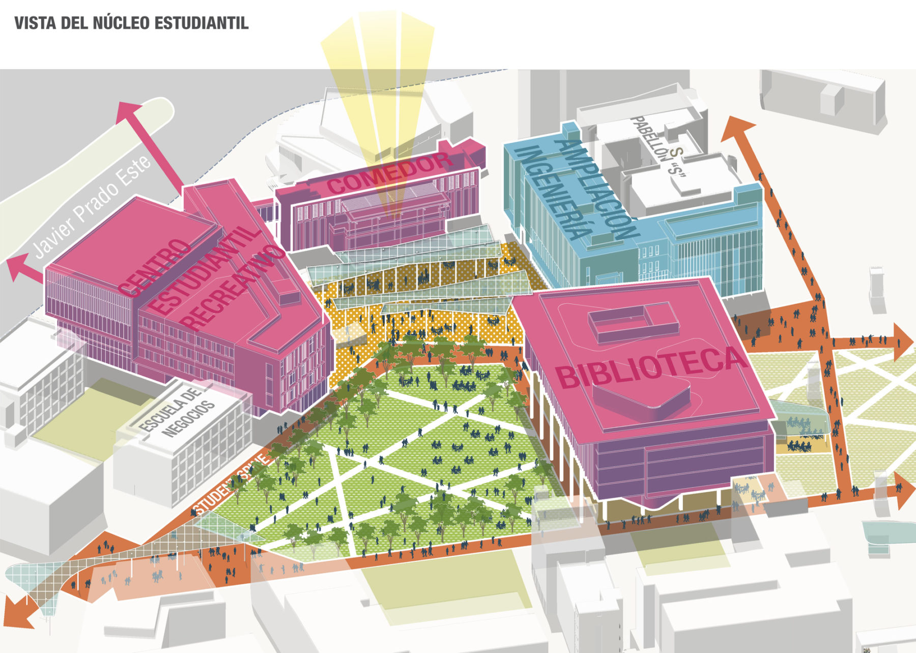 Diagram of four new buildings, quad, and pedestrian paths