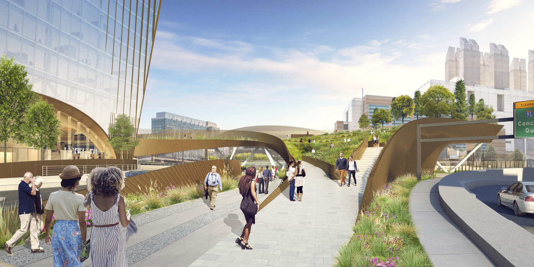 Rendering of public realm concourse. People walk along an elevated path.