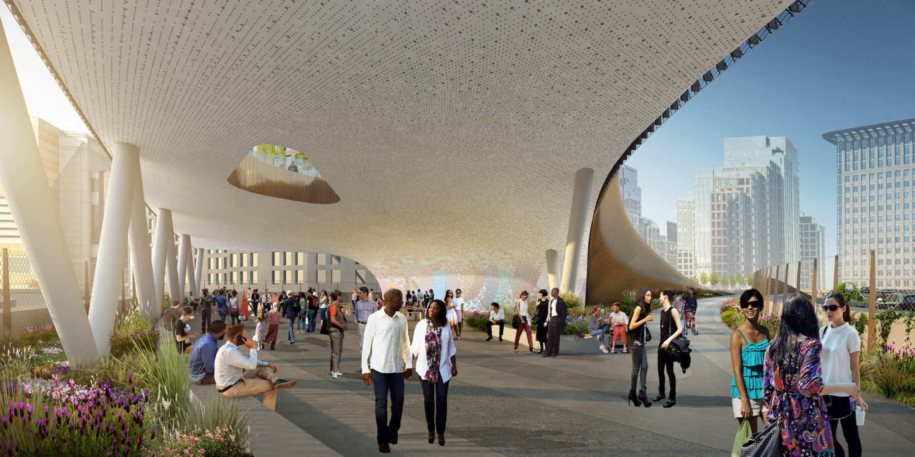 Rendering underneath the elevated public realm concourse