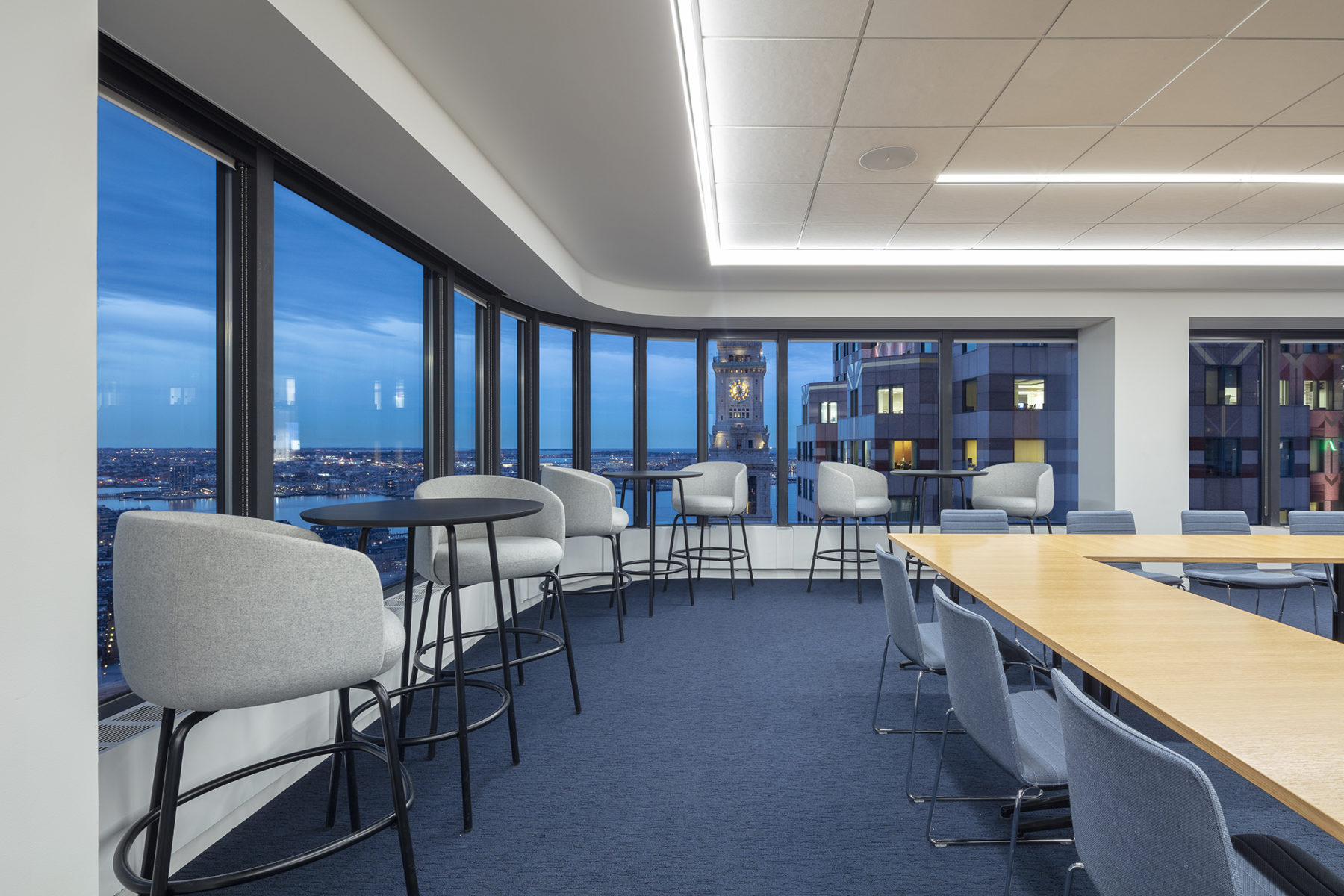 Large conference room view outside at dusk, Boston Custom House Tower