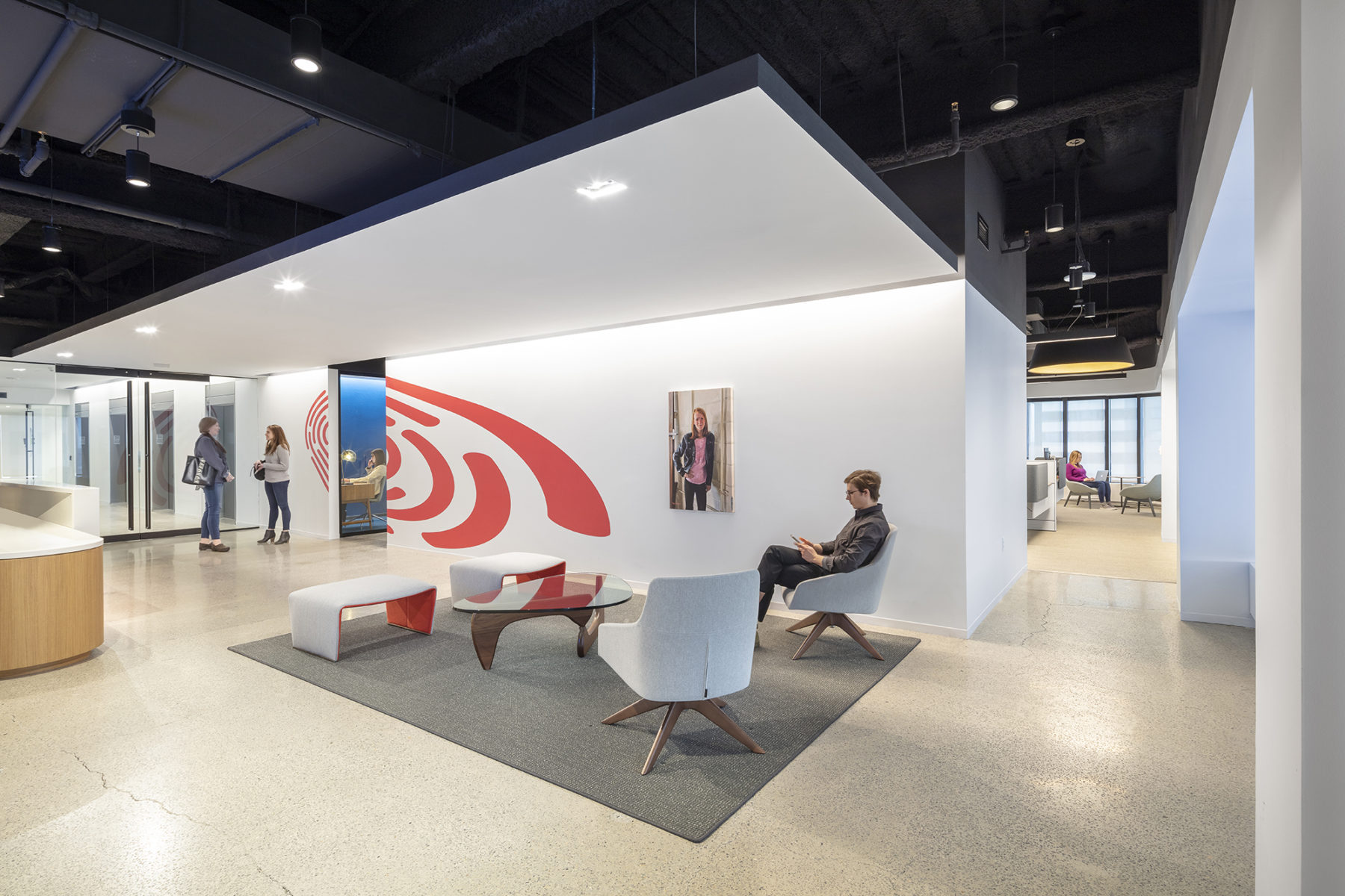 Oblique lobby shot showing path back to workstations